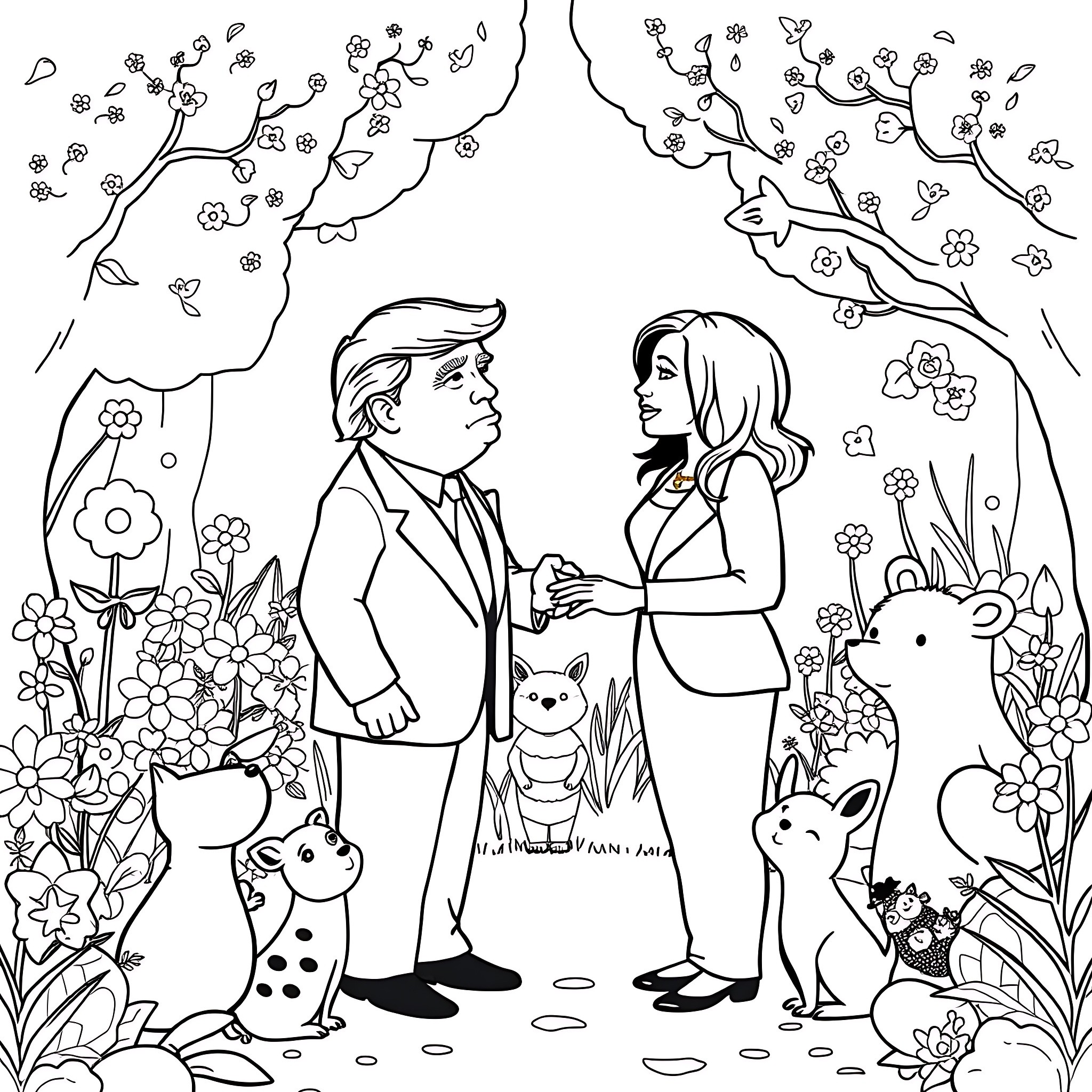 Trump and First Lady Dancing Amidst Whimsical Floral Scenery Coloring Page (free black-and-white line drawing printable PDF for all, from beginners to advanced learners, including children, teens, adults, and seniors)
