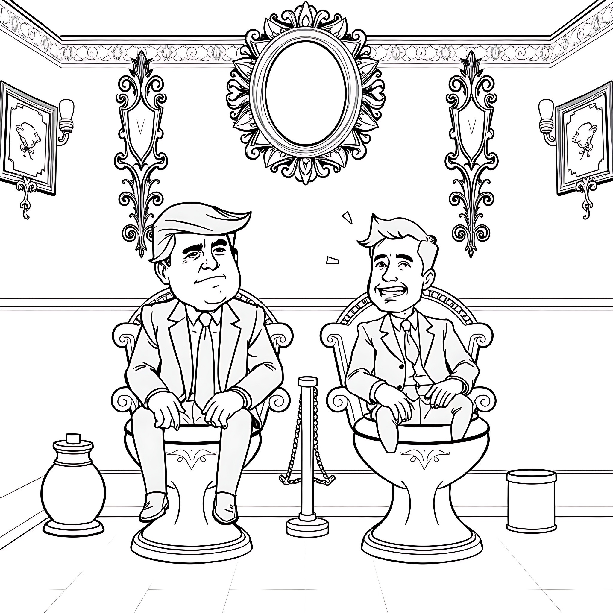Trump and another man seated in ornate chairs Coloring Page (free black-and-white line drawing printable PDF for all, from beginners to advanced learners, including children, teens, adults, and seniors)