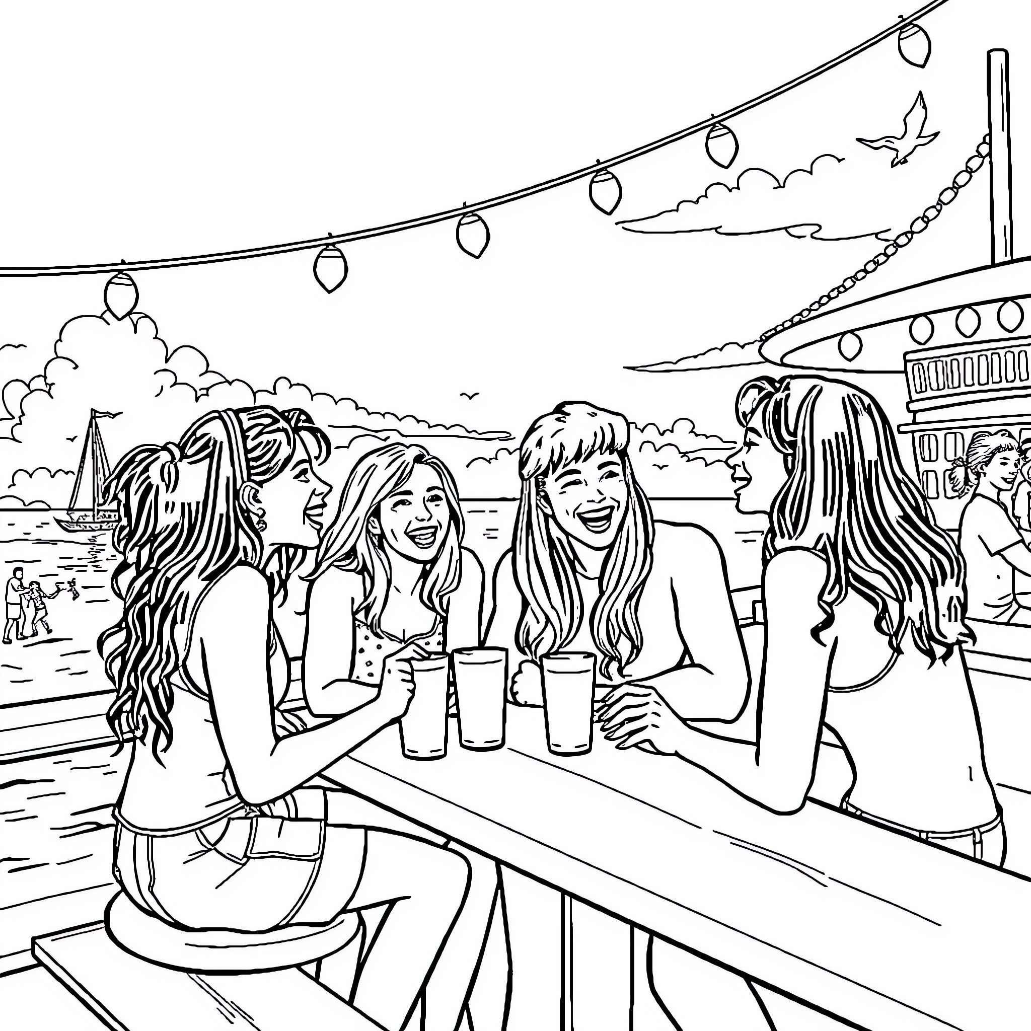 Teen Bay Enjoying Laughter and Conversation at Outdoor Gathering Coloring Page (free black-and-white line drawing printable PDF for all, from beginners to advanced learners, including children, teens, adults, and seniors)