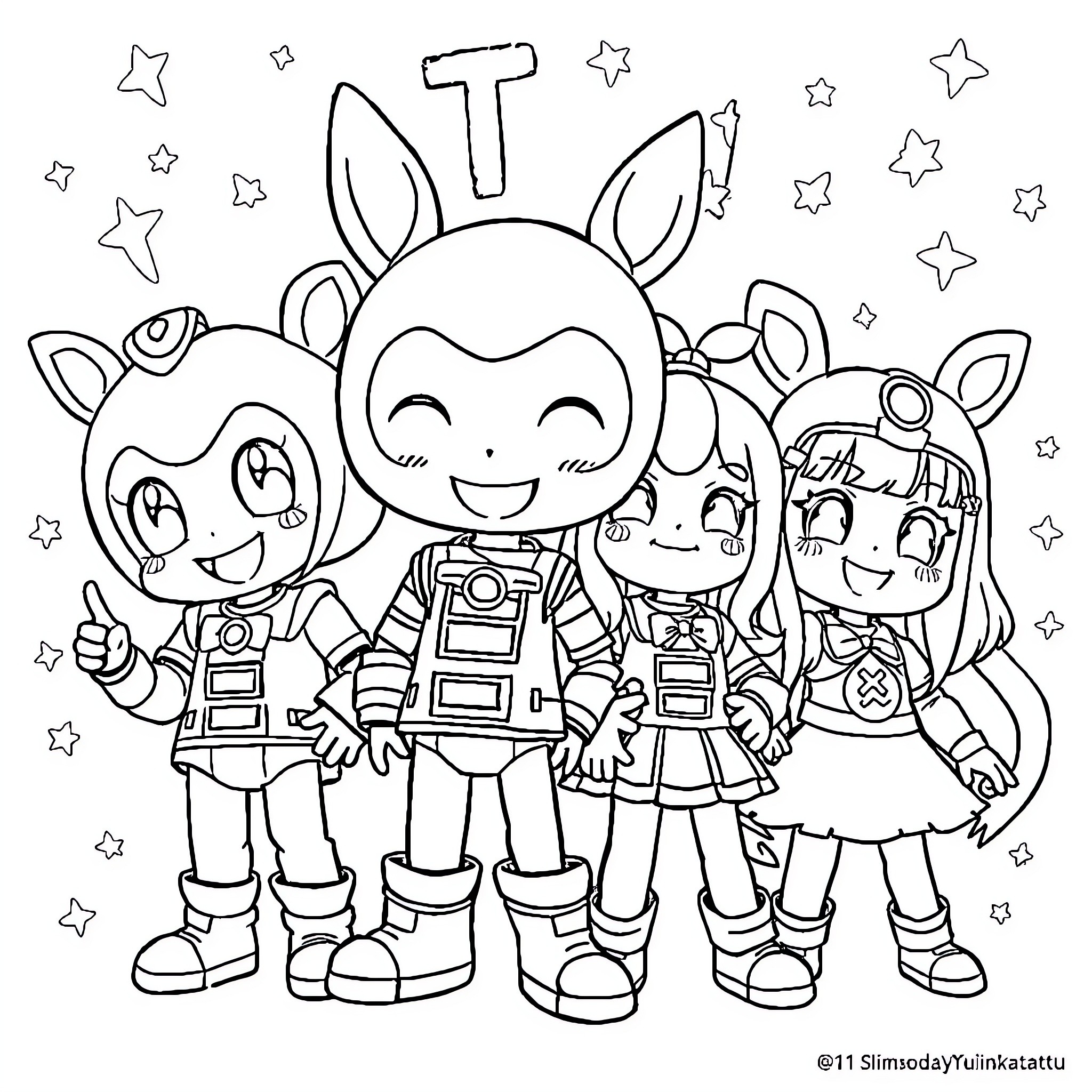 BT21 Friends in Colorful Outfits and Expressions Coloring Page (free black-and-white line drawing printable PDF for all, from beginners to advanced learners, including children, teens, adults, and seniors)