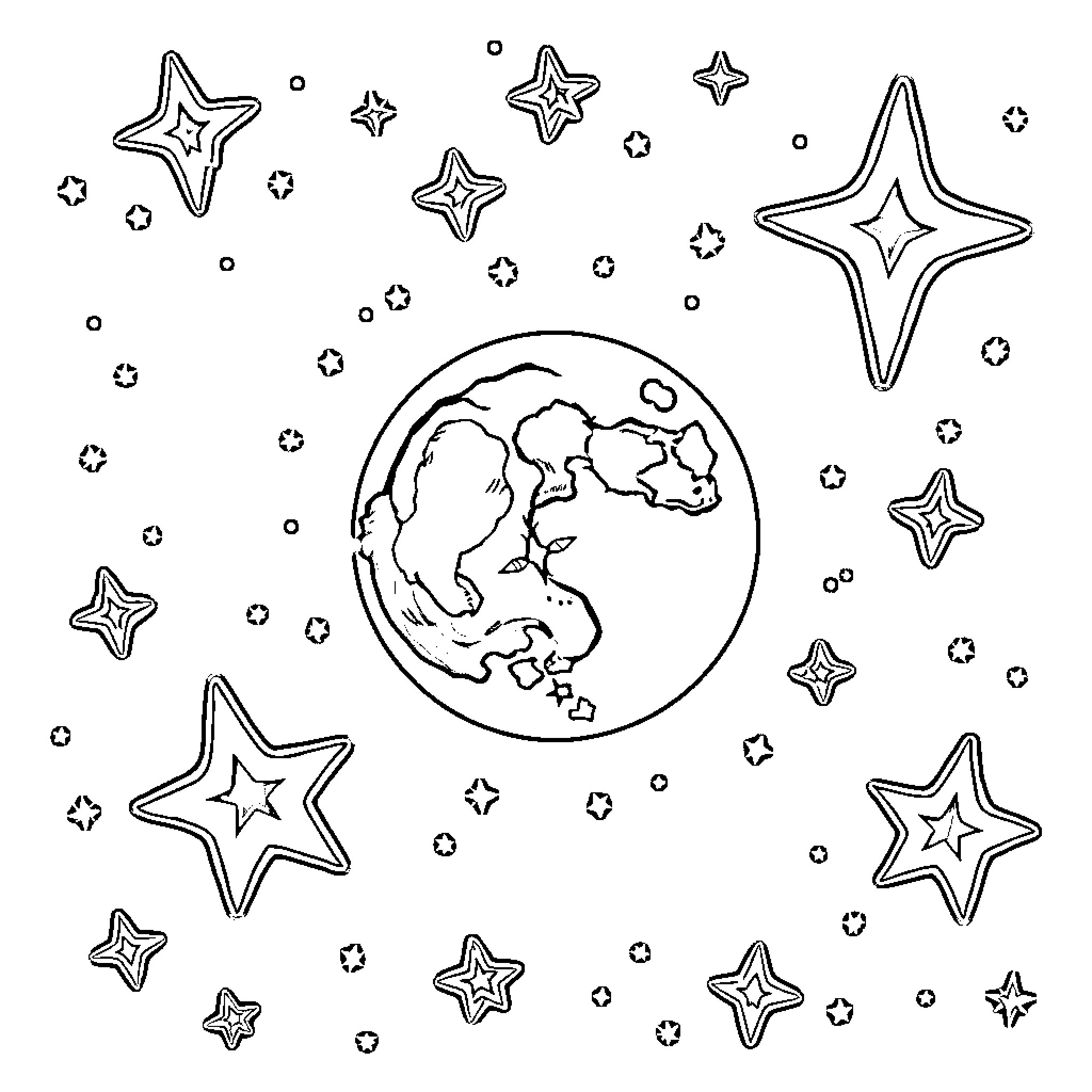 Moon and Stars Floating Around the Earth Coloring Page (free black-and-white line drawing printable PDF for all, from beginners to advanced learners, including children, teens, adults, and seniors)