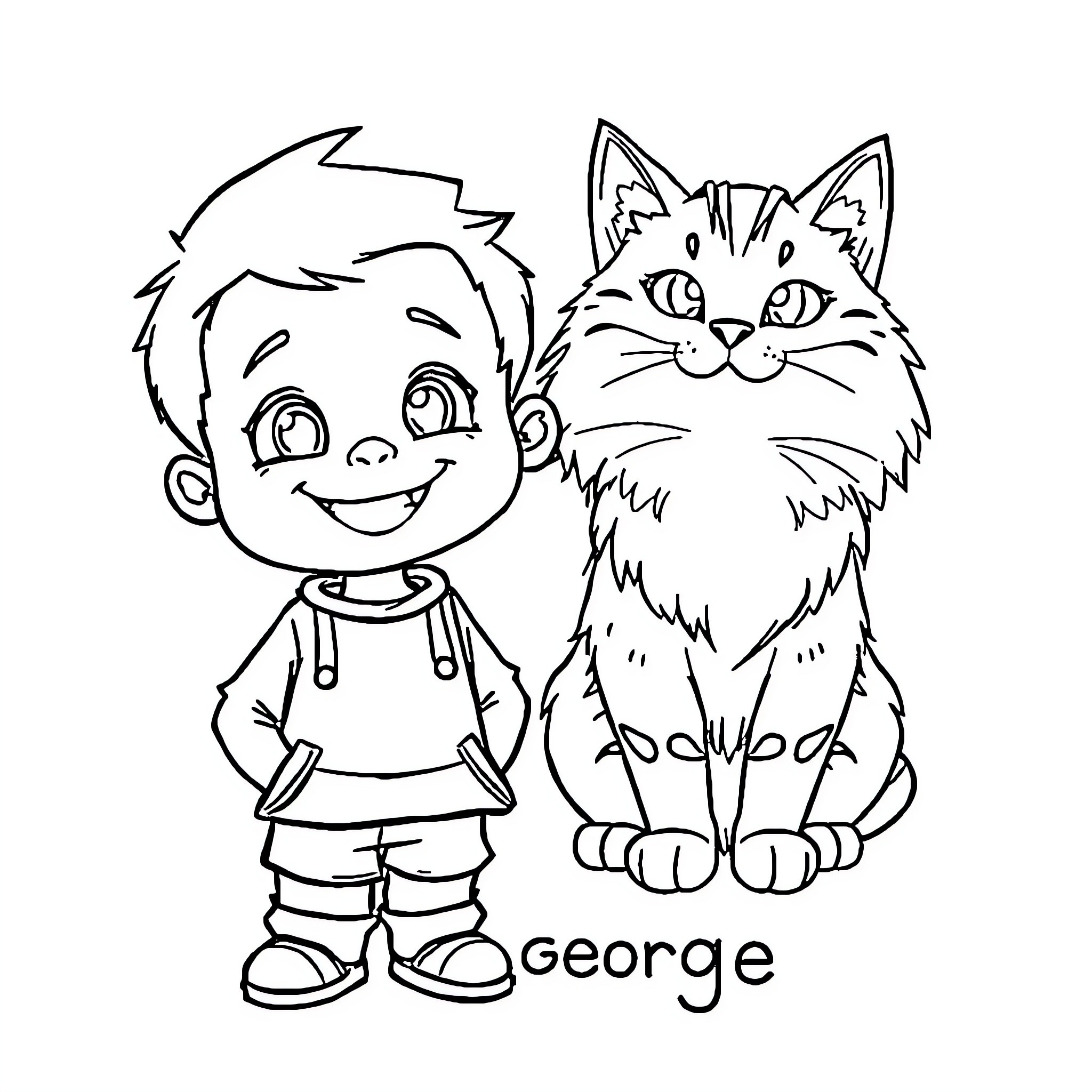 Cat and Boy Cartoon Companions Coloring Page (free black-and-white line drawing printable PDF for all, from beginners to advanced learners, including children, teens, adults, and seniors)