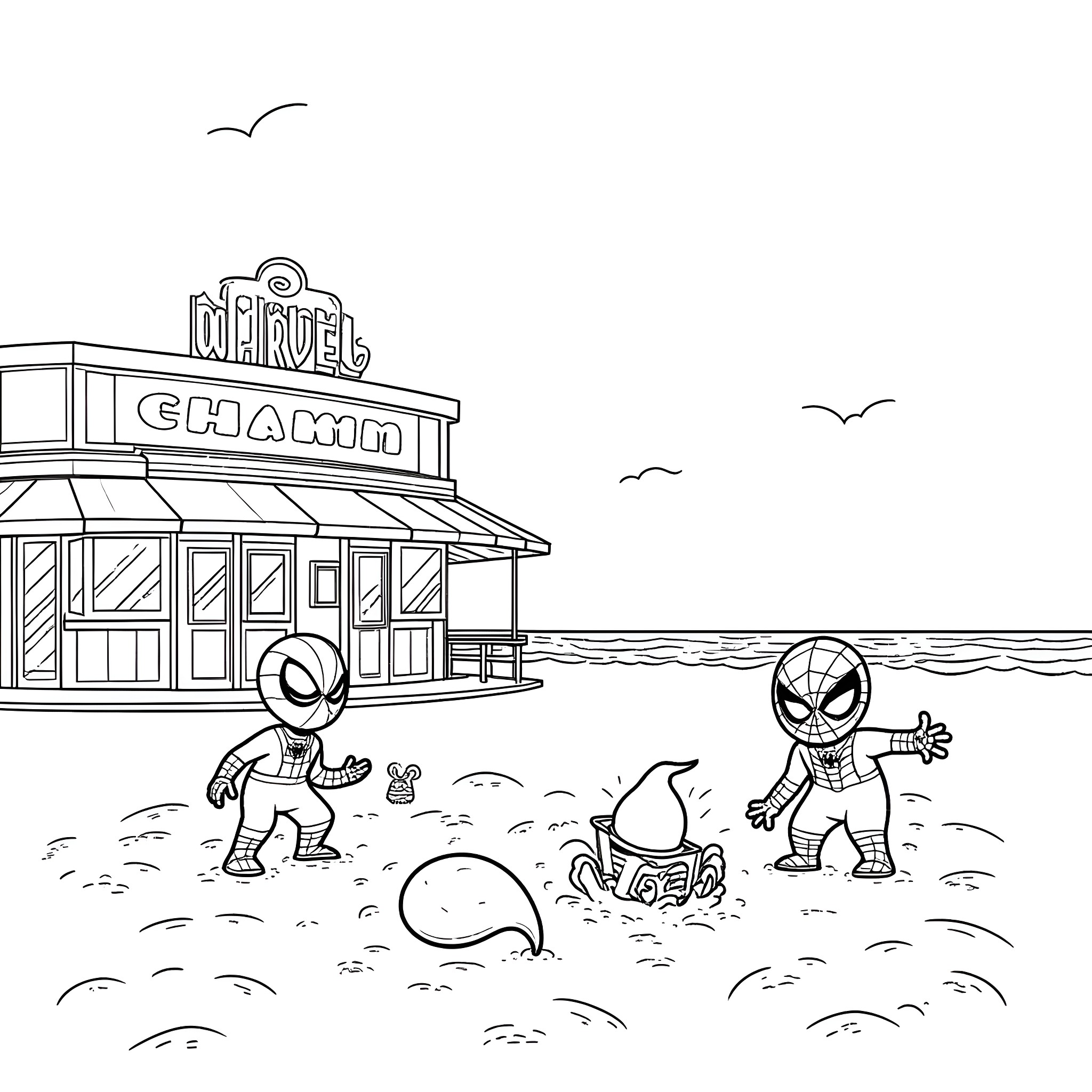 Spidey heroes on the beach Coloring Page (free black-and-white line drawing printable PDF for all, from beginners to advanced learners, including children, teens, adults, and seniors)