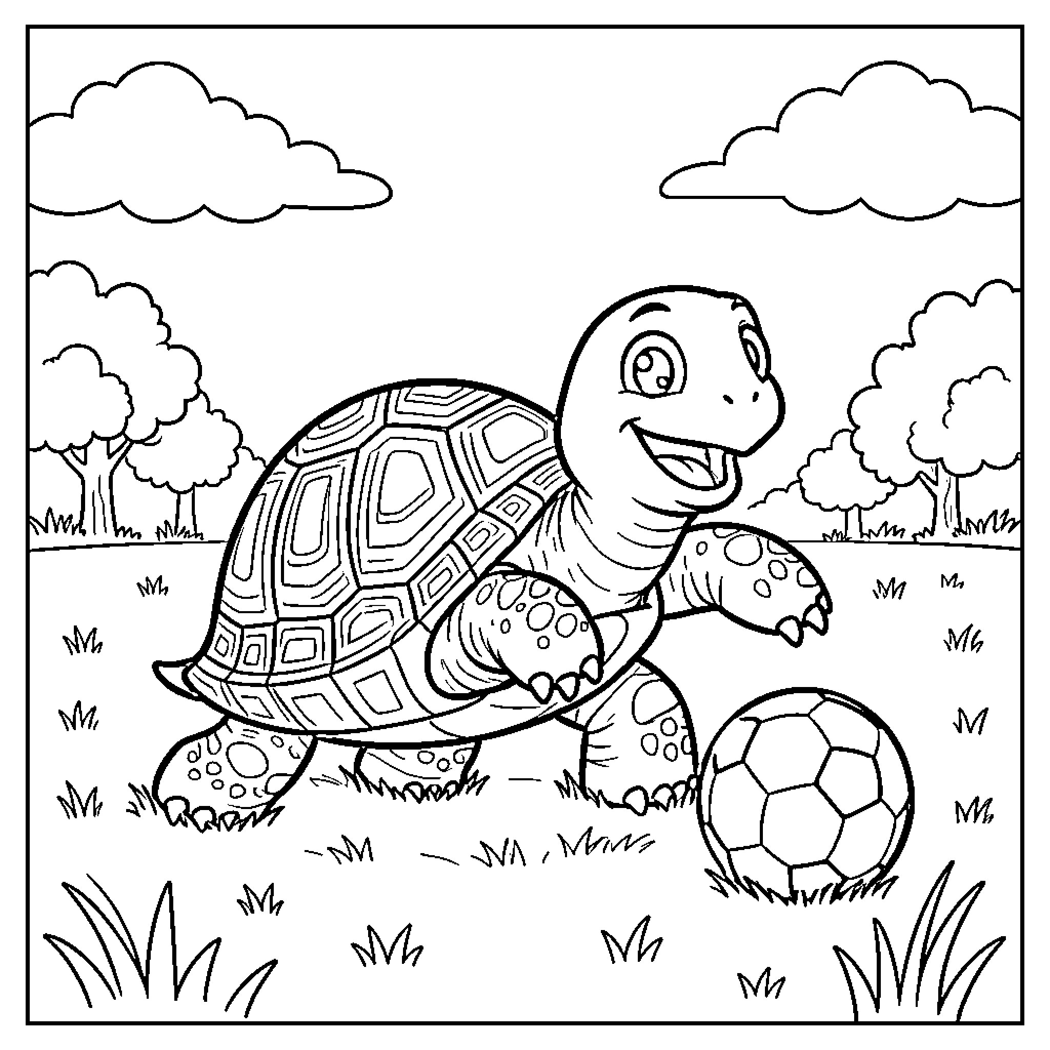 Turtle playing soccer in a grassy field Coloring Page (free black-and-white line drawing printable PDF for all, from beginners to advanced learners, including children, teens, adults, and seniors)