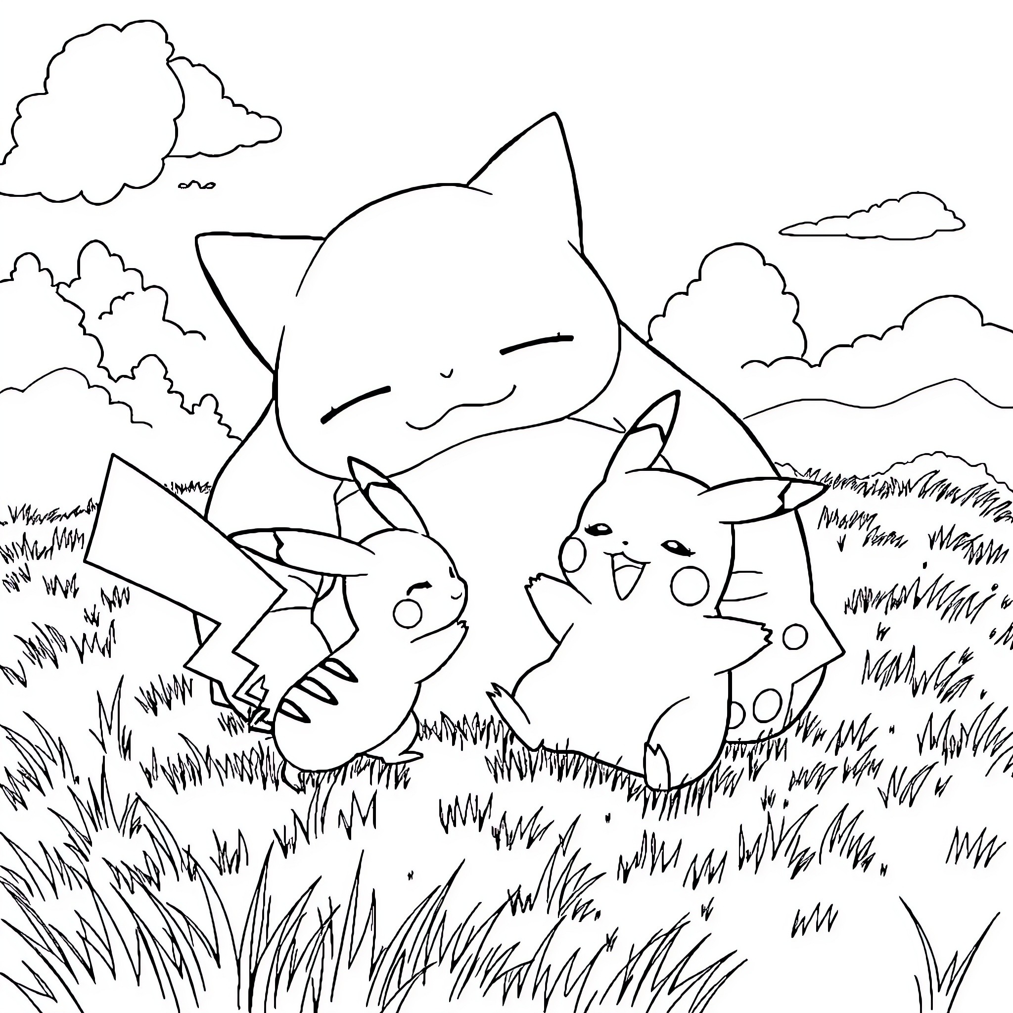 Pikachu playing with other Pokemon in the meadow Coloring Page (free black-and-white line drawing printable PDF for all, from beginners to advanced learners, including children, teens, adults, and seniors)