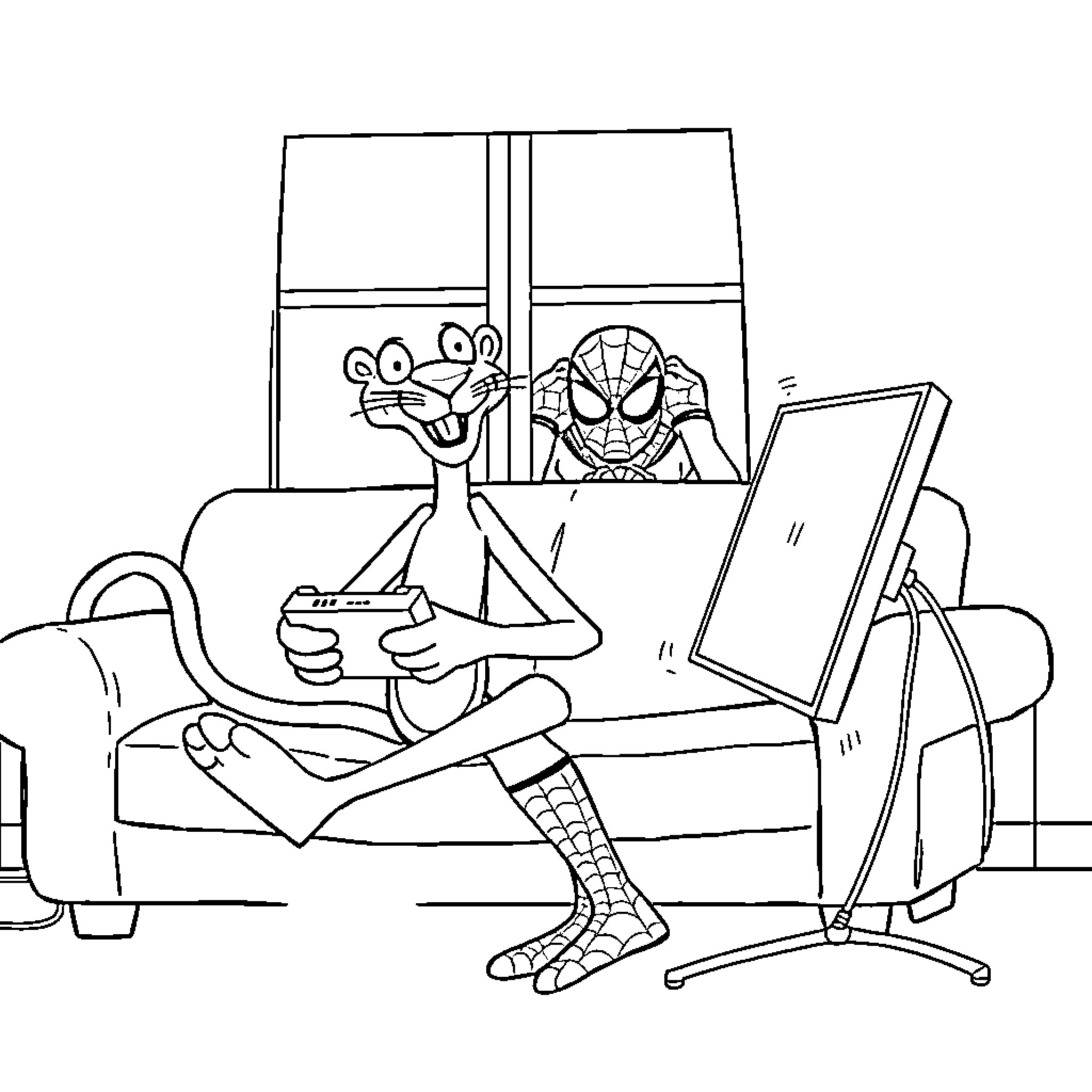 Pink Panther relaxes with Spiderman on the couch Coloring Page (free black-and-white line drawing printable PDF for all, from beginners to advanced learners, including children, teens, adults, and seniors)