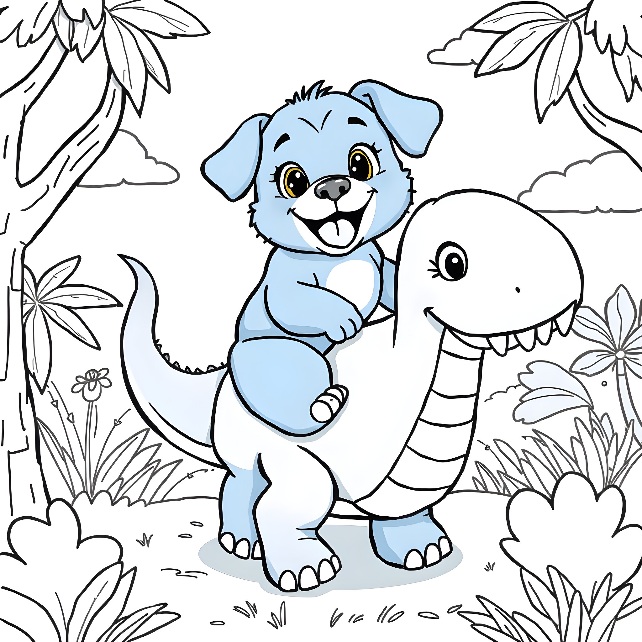 Bluey playing with her friend in the jungle Coloring Page (free black-and-white line drawing printable PDF for all, from beginners to advanced learners, including children, teens, adults, and seniors)
