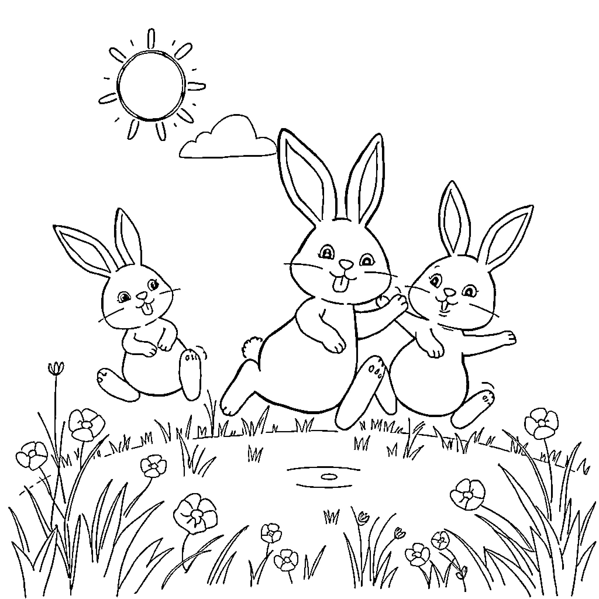 Bunny friends playing joyfully in the meadow Coloring Page (free black-and-white line drawing printable PDF for all, from beginners to advanced learners, including children, teens, adults, and seniors)
