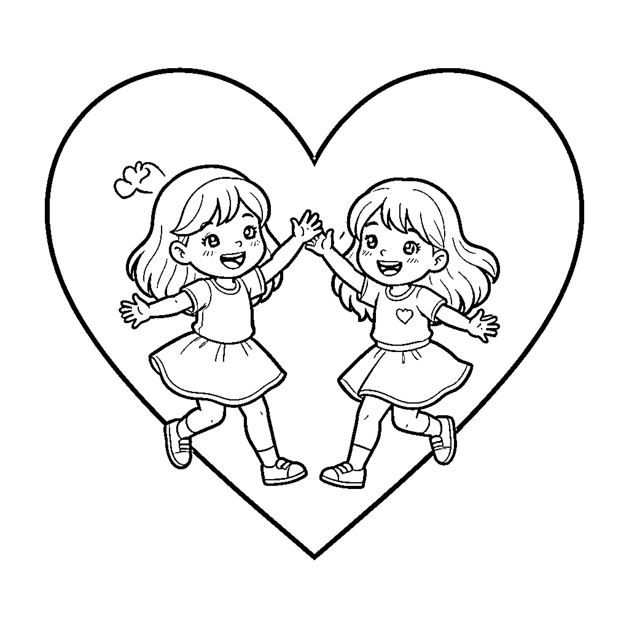 Girl friends jumping joyfully inside a large heart Coloring Page (free black-and-white line drawing printable PDF for all, from beginners to advanced learners, including children, teens, adults, and seniors)