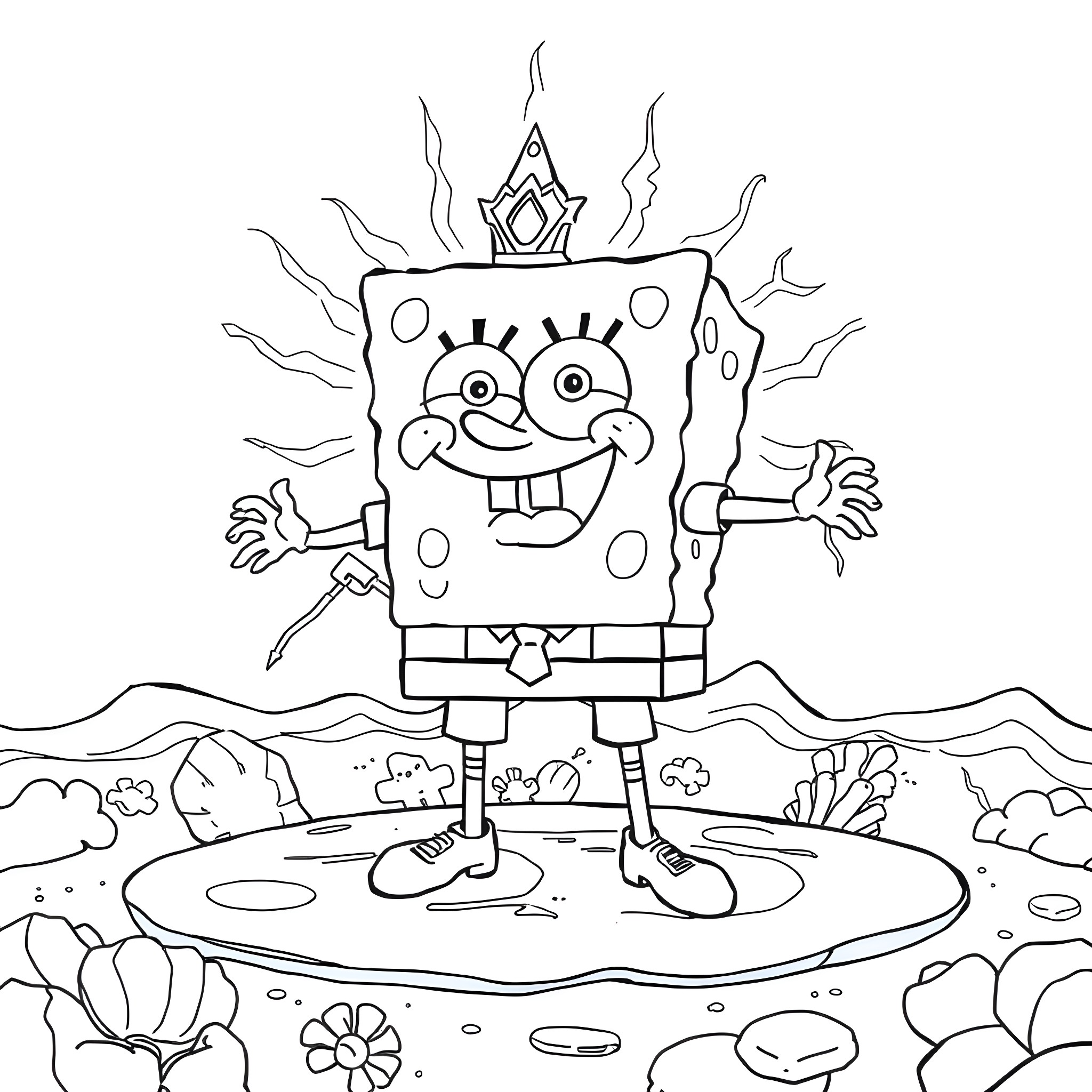 Spongebob standing happily in nature Coloring Page (free black-and-white line drawing printable PDF for all, from beginners to advanced learners, including children, teens, adults, and seniors)