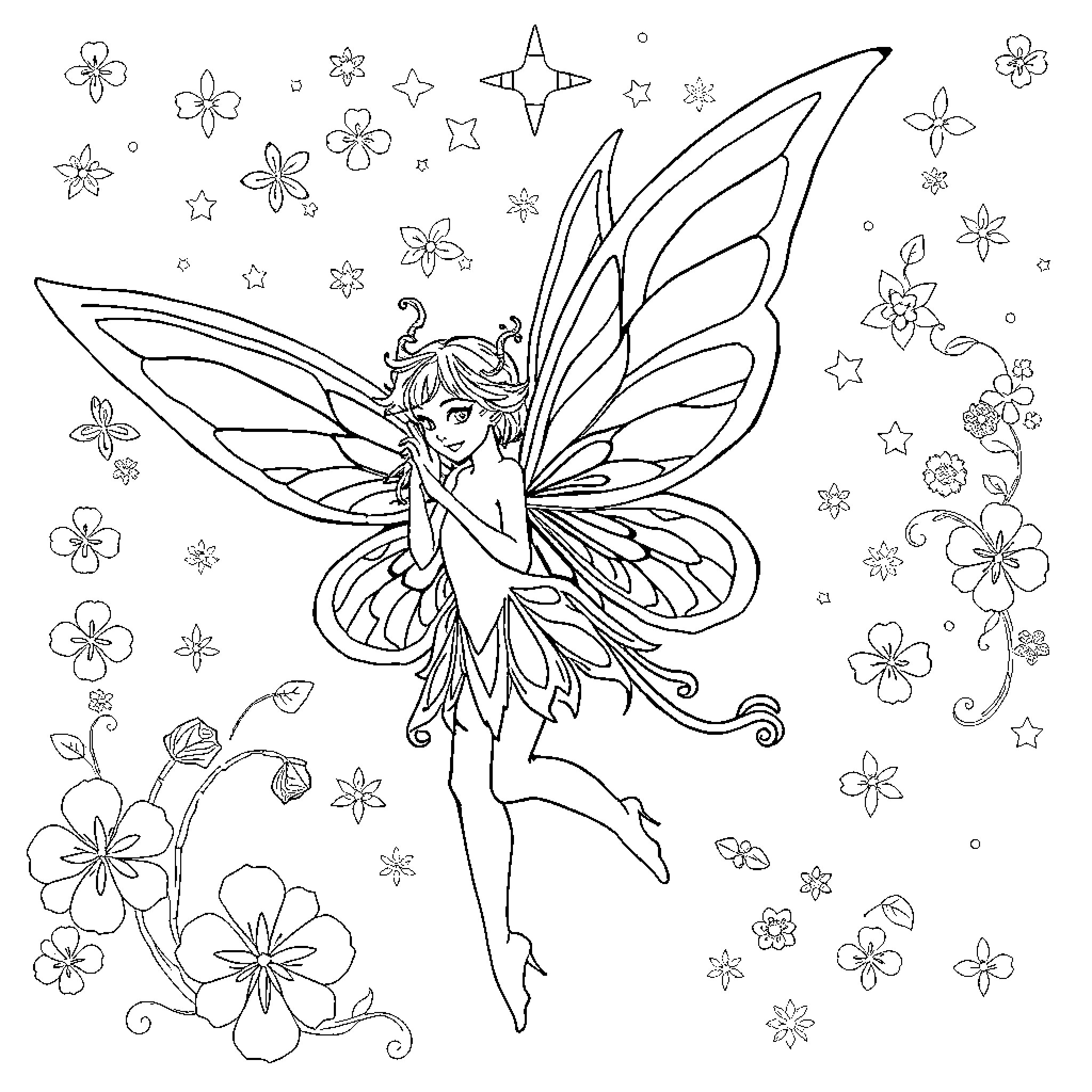 Miraculous Fairy Enchanted Encounter Coloring Page (free black-and-white line drawing printable PDF for all, from beginners to advanced learners, including children, teens, adults, and seniors)
