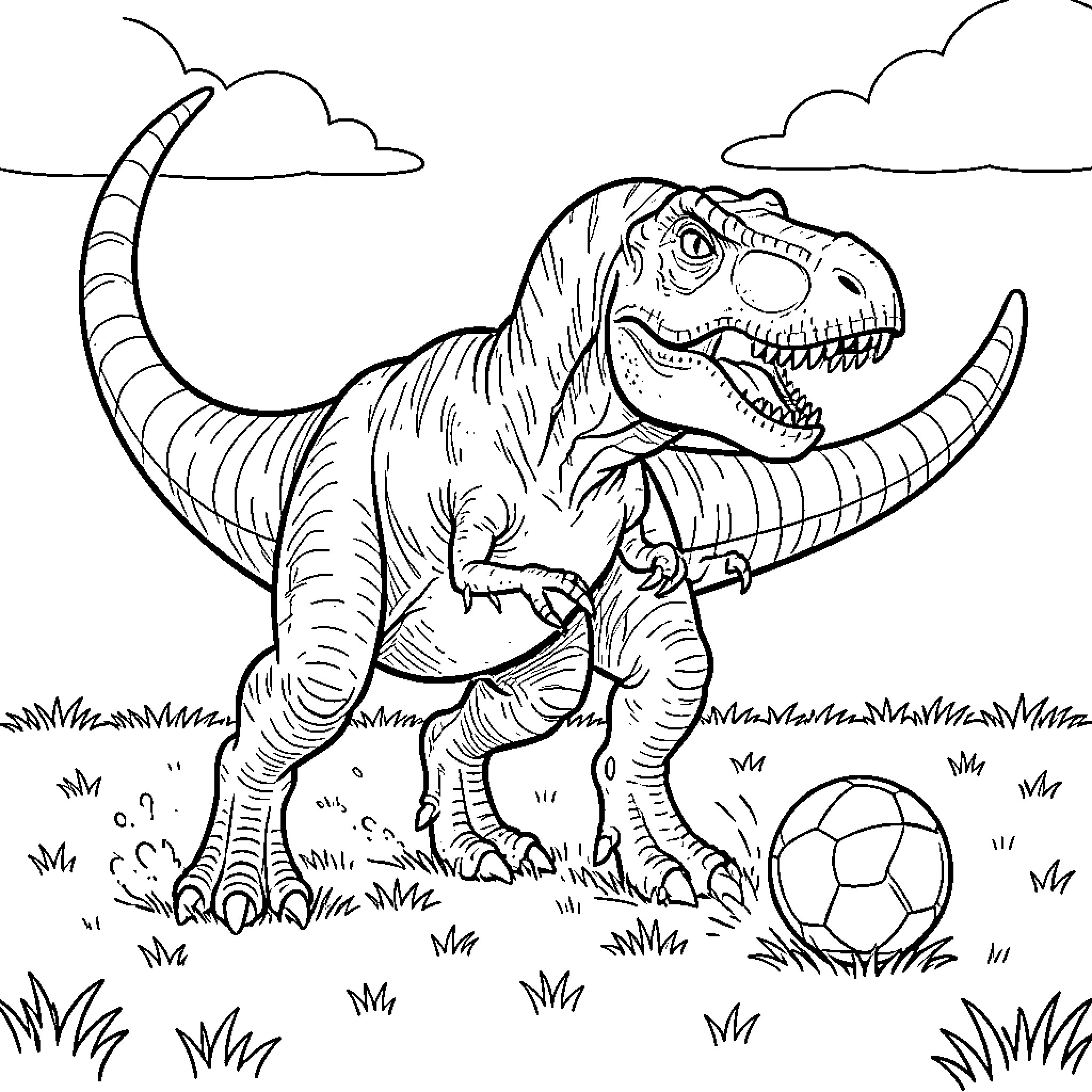 T-Rex playing with a soccer ball in a field Coloring Page (free black-and-white line drawing printable PDF for all, from beginners to advanced learners, including children, teens, adults, and seniors)