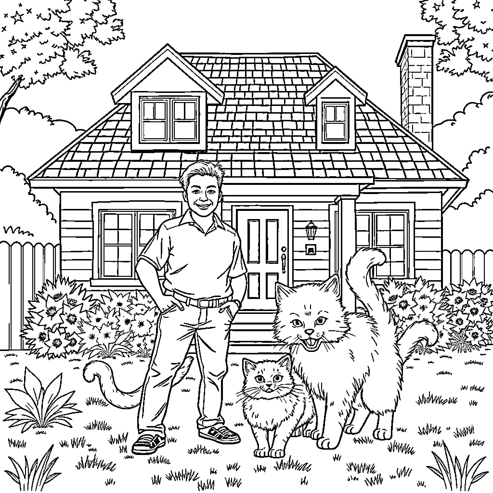 Cat and owner posing outside a house Coloring Page (free black-and-white line drawing printable PDF for all, from beginners to advanced learners, including children, teens, adults, and seniors)