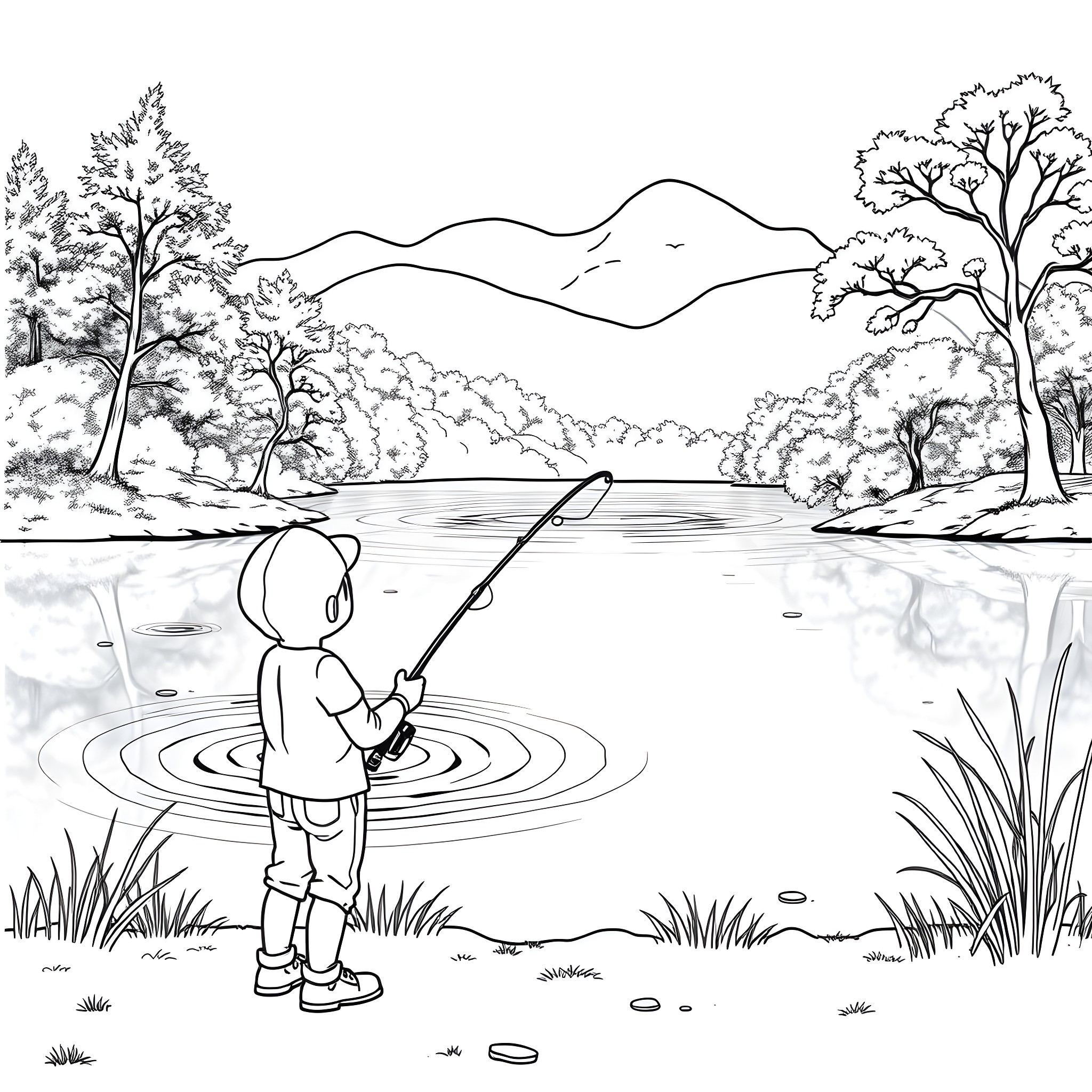 Bluey fishing in a peaceful lake landscape Coloring Page (free black-and-white line drawing printable PDF for all, from beginners to advanced learners, including children, teens, adults, and seniors)