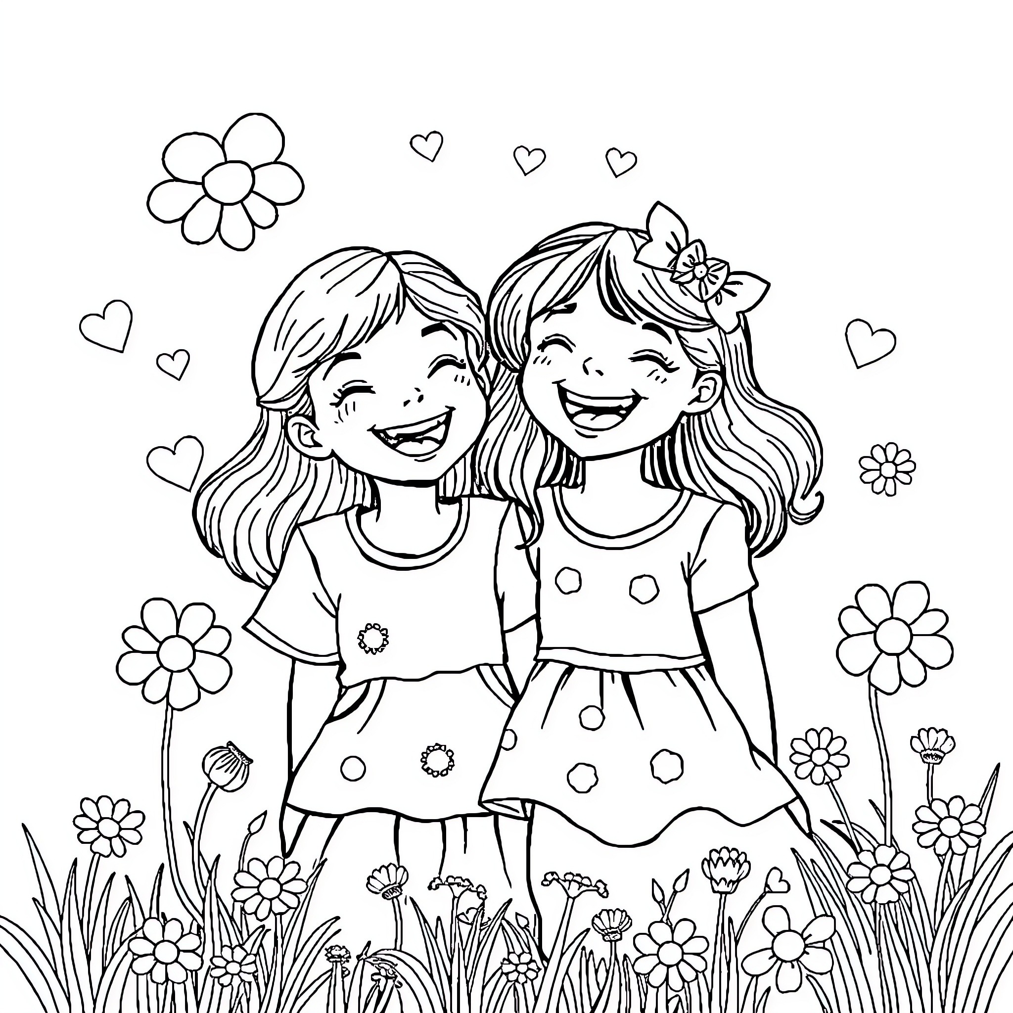 Girls in flower garden having fun Coloring Page (free black-and-white line drawing printable PDF for all, from beginners to advanced learners, including children, teens, adults, and seniors)