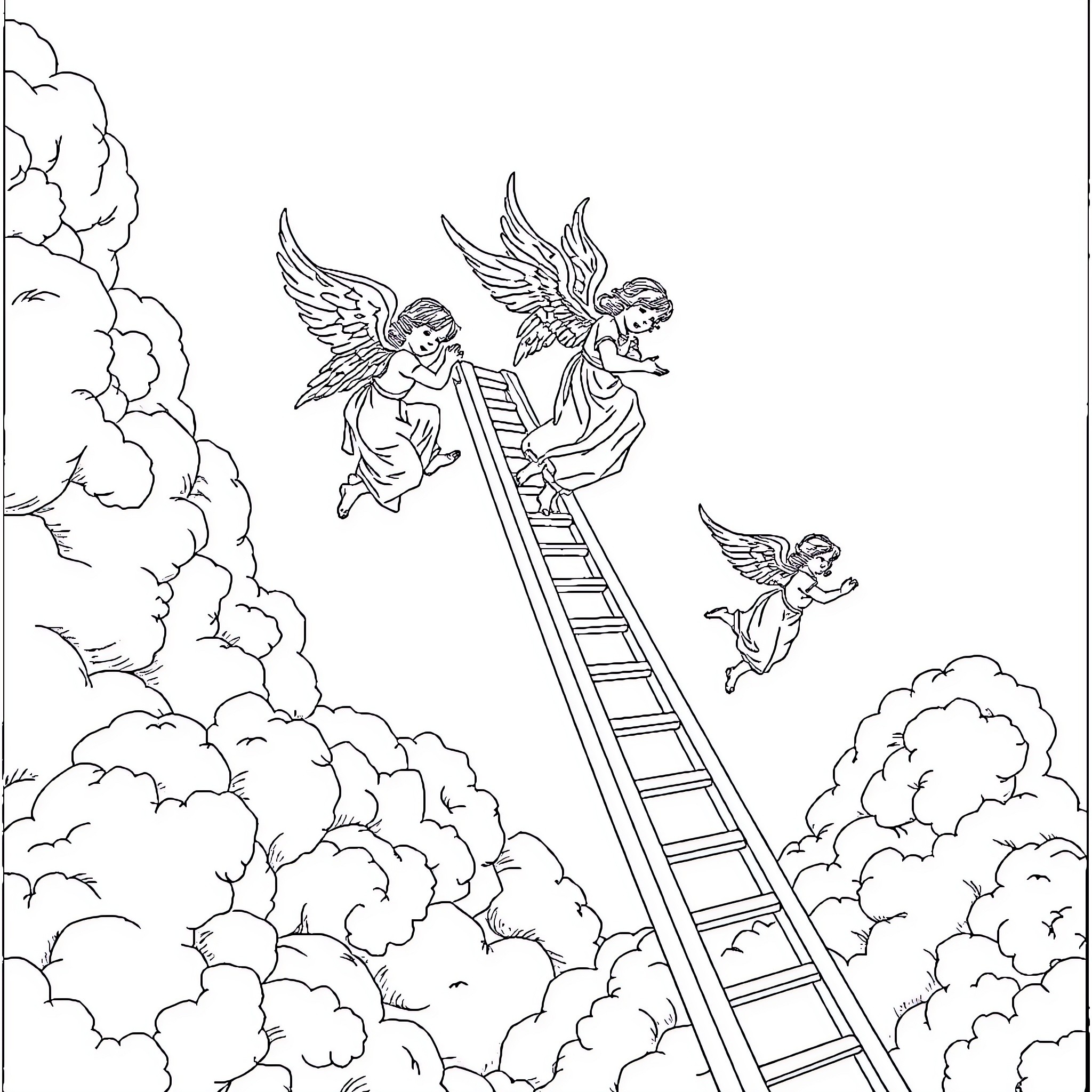 Angel Climbing Ladder Among Clouds Coloring Page (free black-and-white line drawing printable PDF for all, from beginners to advanced learners, including children, teens, adults, and seniors)
