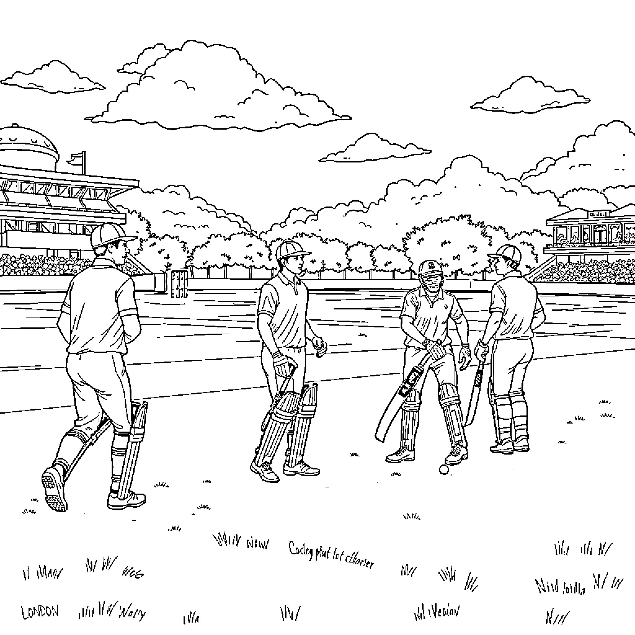 Cricket players in action on the field Coloring Page (free black-and-white line drawing printable PDF for all, from beginners to advanced learners, including children, teens, adults, and seniors)