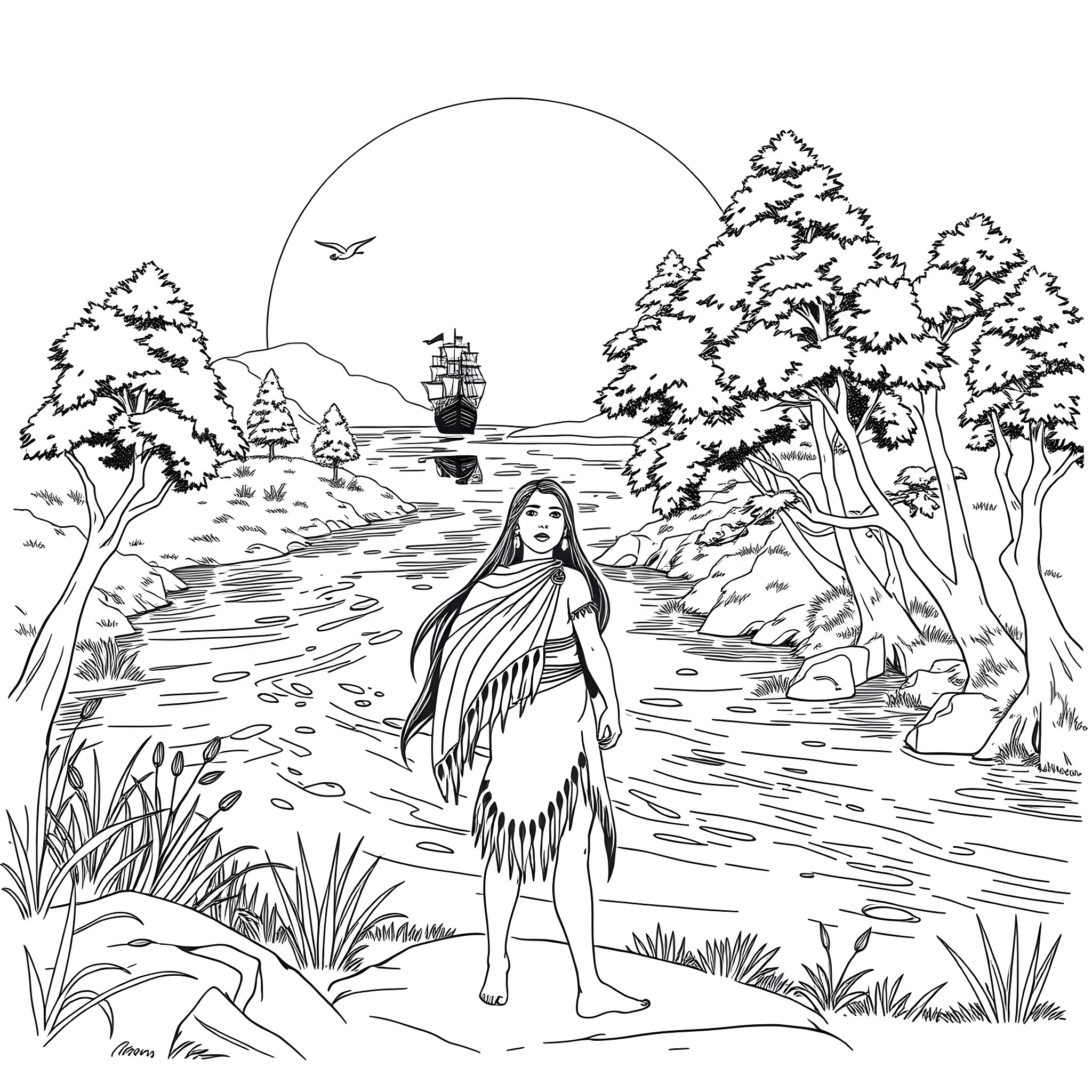 Pocahontas exploring the serene nature by the river Coloring Page (free black-and-white line drawing printable PDF for all, from beginners to advanced learners, including children, teens, adults, and seniors)