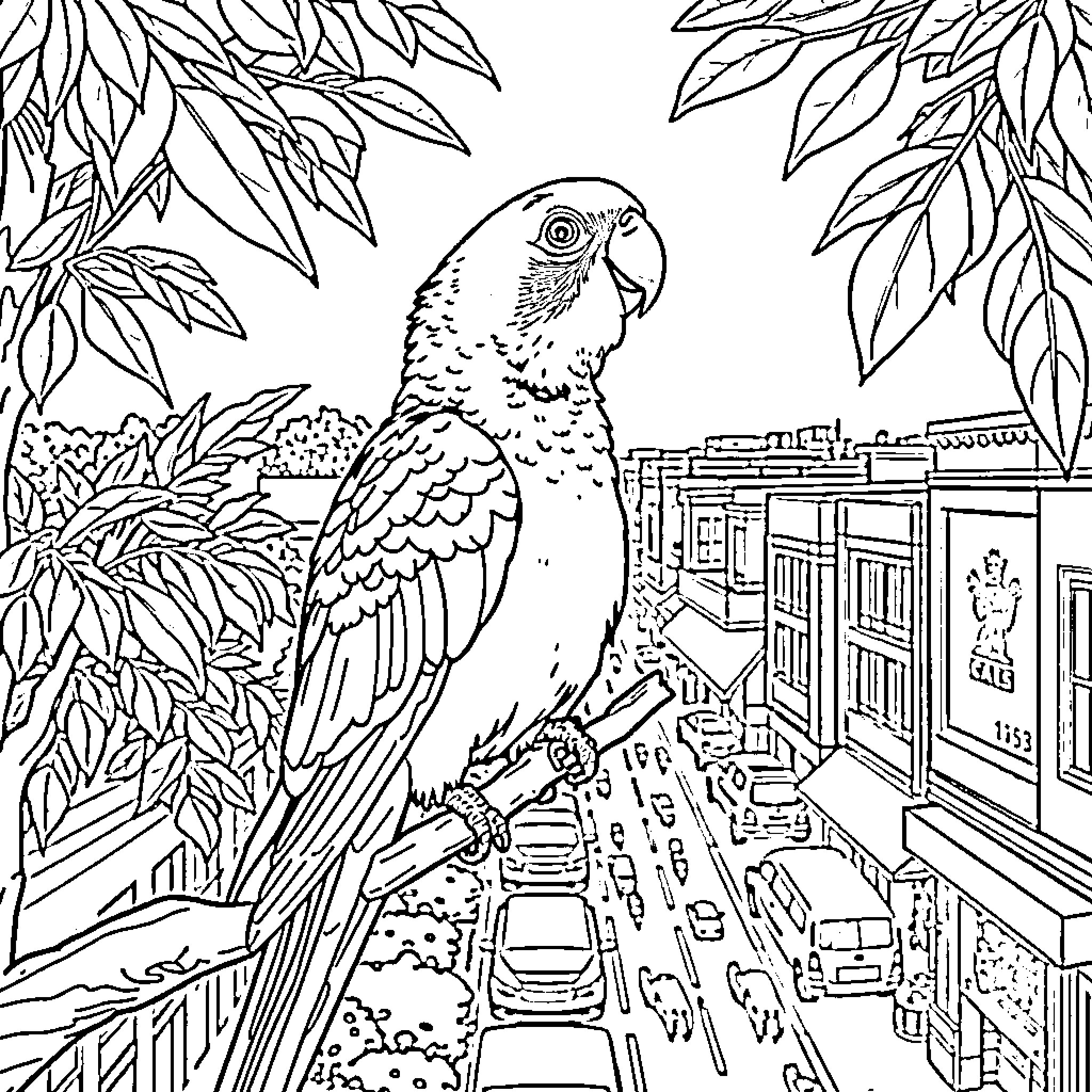 Parakeet perched in lush foliage overlooking city streets Coloring Page (free black-and-white line drawing printable PDF for all, from beginners to advanced learners, including children, teens, adults, and seniors)