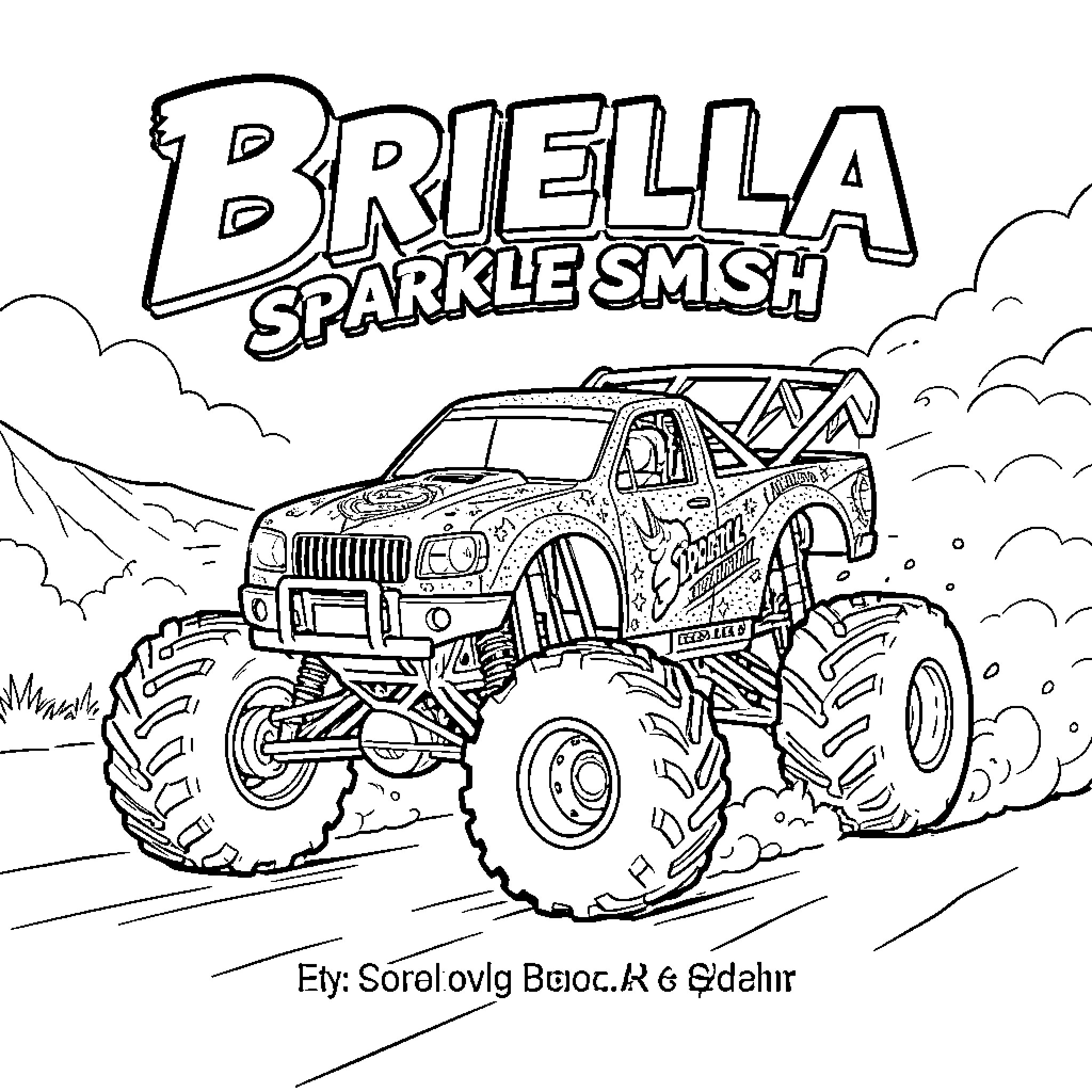 Unicorn Monster Truck racing through clouds and dust Coloring Page (free black-and-white line drawing printable PDF for all, from beginners to advanced learners, including children, teens, adults, and seniors)