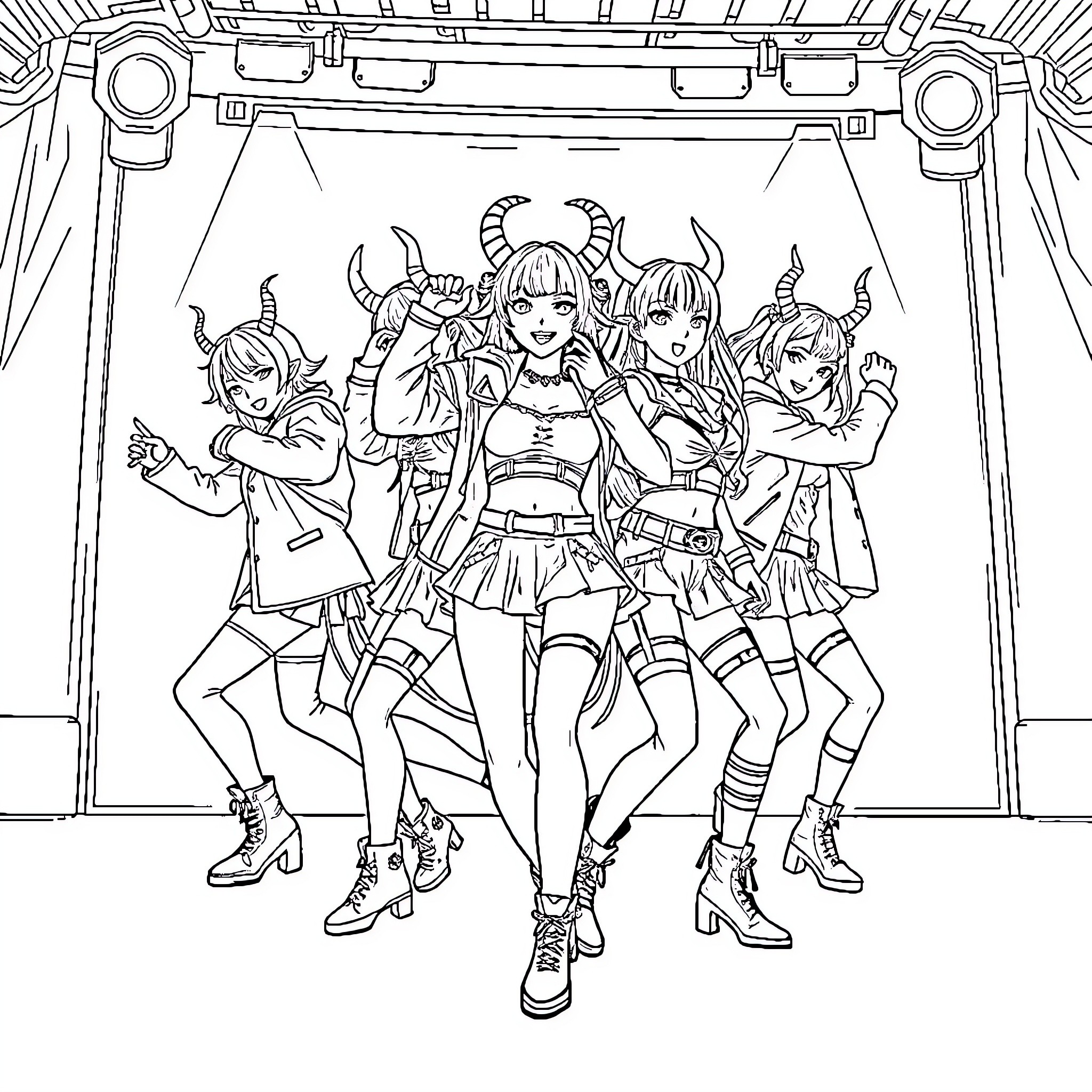 Demon Hunter Squad in Fierce Battle Stance Coloring Page (free black-and-white line drawing printable PDF for all, from beginners to advanced learners, including children, teens, adults, and seniors)