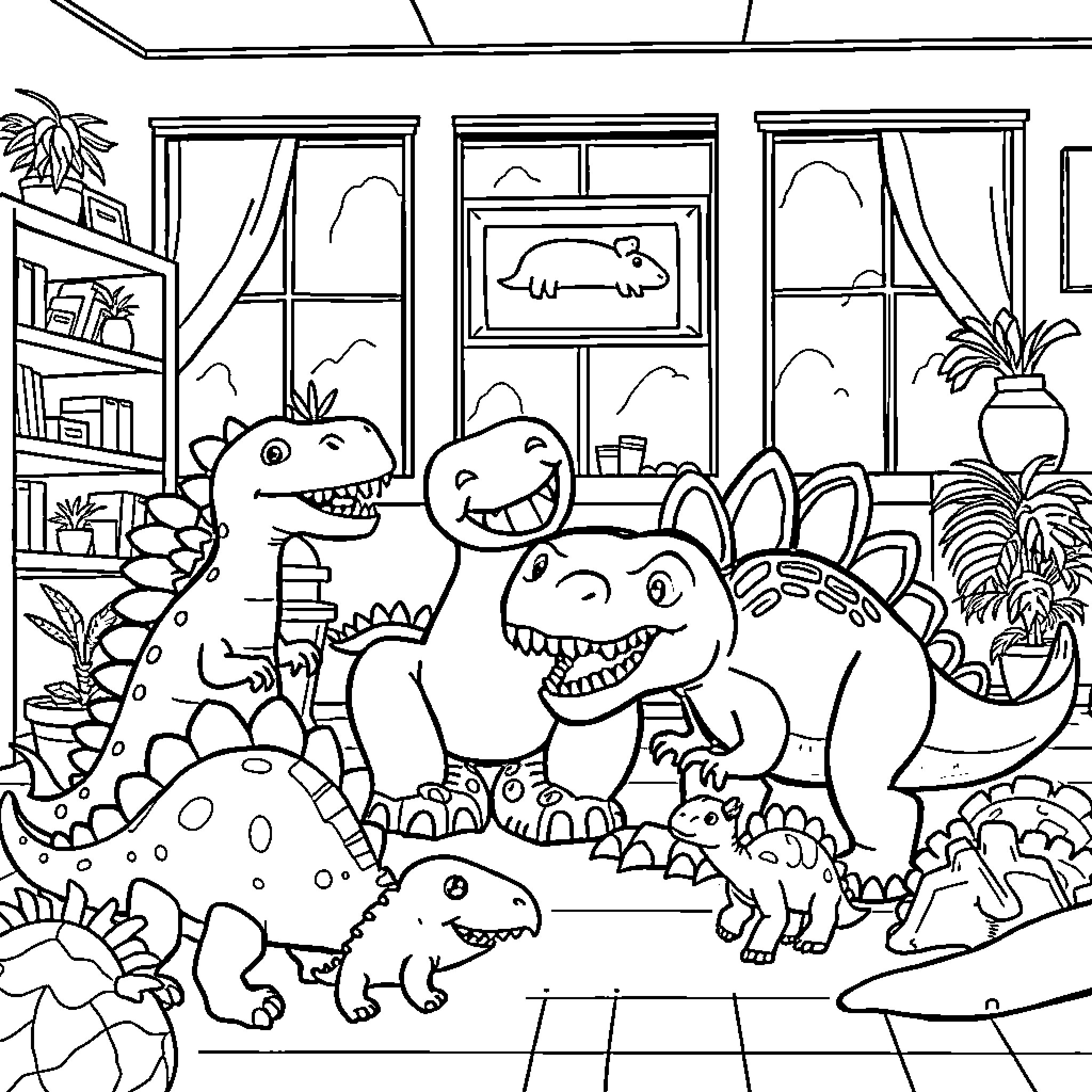 Blippy Dinosaurs Playing in the Room Coloring Page (free black-and-white line drawing printable PDF for all, from beginners to advanced learners, including children, teens, adults, and seniors)