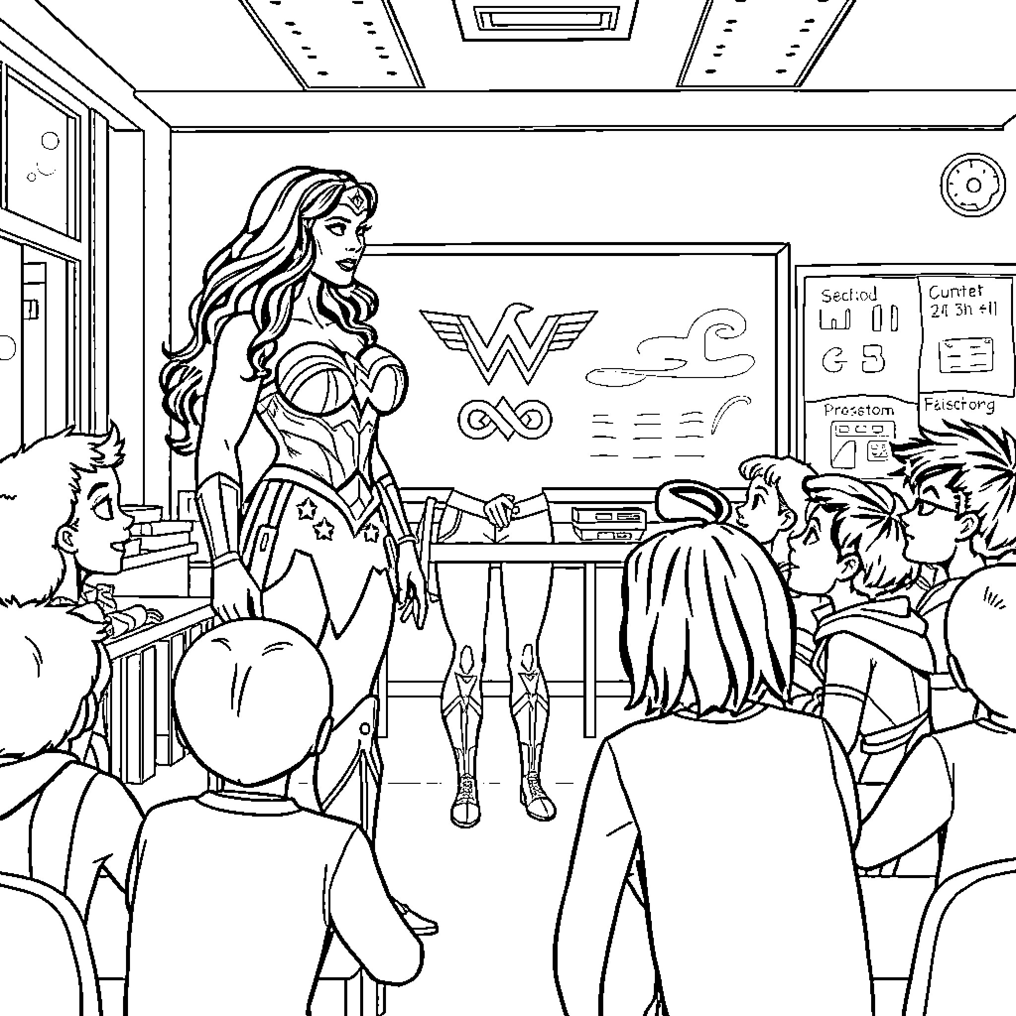 Wonder Woman Inspires Students in Classroom Coloring Page (free black-and-white line drawing printable PDF for all, from beginners to advanced learners, including children, teens, adults, and seniors)