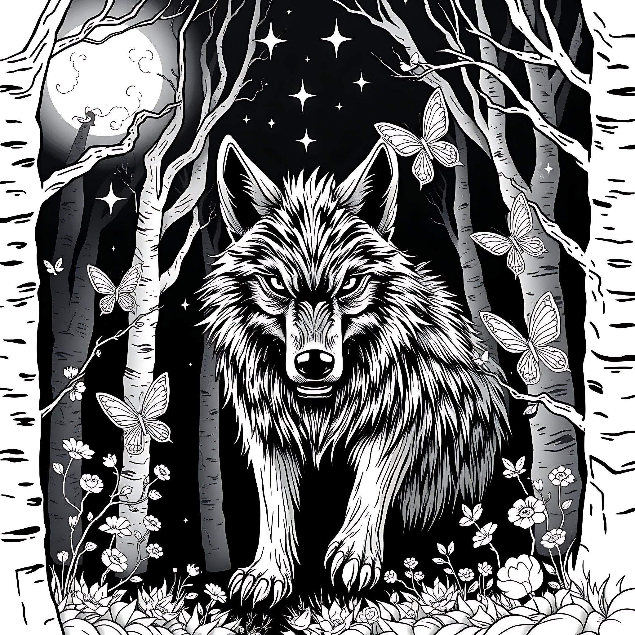 Wolf in Mystical Moonlit Forest Coloring Page (free black-and-white line drawing printable PDF for all, from beginners to advanced learners, including children, teens, adults, and seniors)