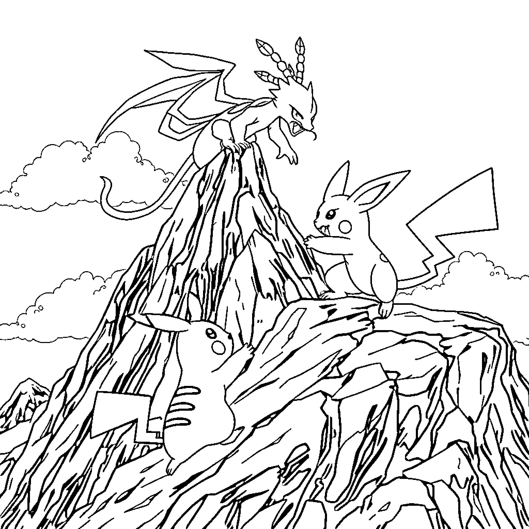 Pikachu and the Dragon in the Mountainous Scene Coloring Page (free black-and-white line drawing printable PDF for all, from beginners to advanced learners, including children, teens, adults, and seniors)