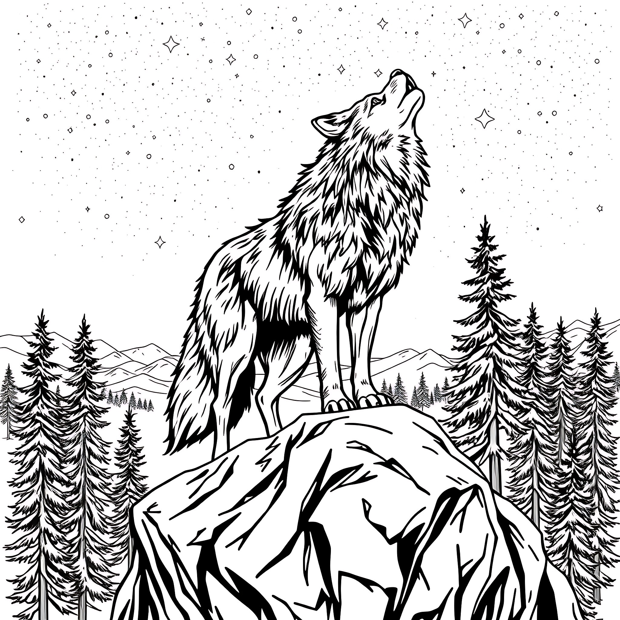 Wolf howling under the starry night sky Coloring Page (free black-and-white line drawing printable PDF for all, from beginners to advanced learners, including children, teens, adults, and seniors)