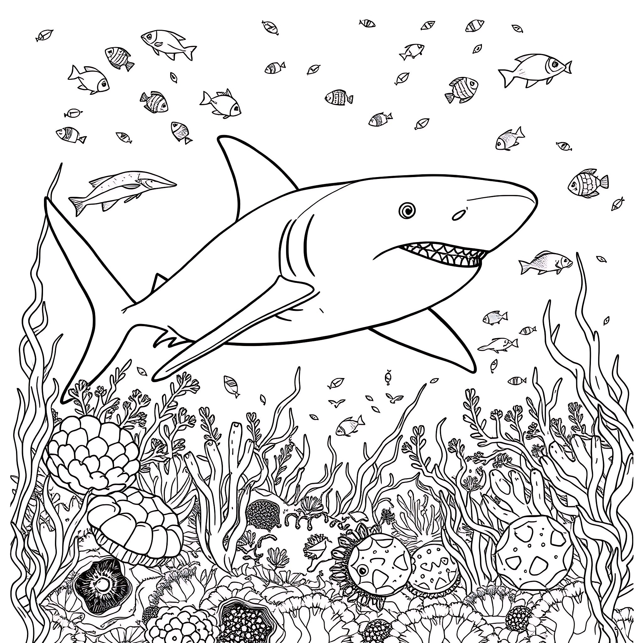 Shark swimming amongst colorful ocean creatures Coloring Page (free black-and-white line drawing printable PDF for all, from beginners to advanced learners, including children, teens, adults, and seniors)