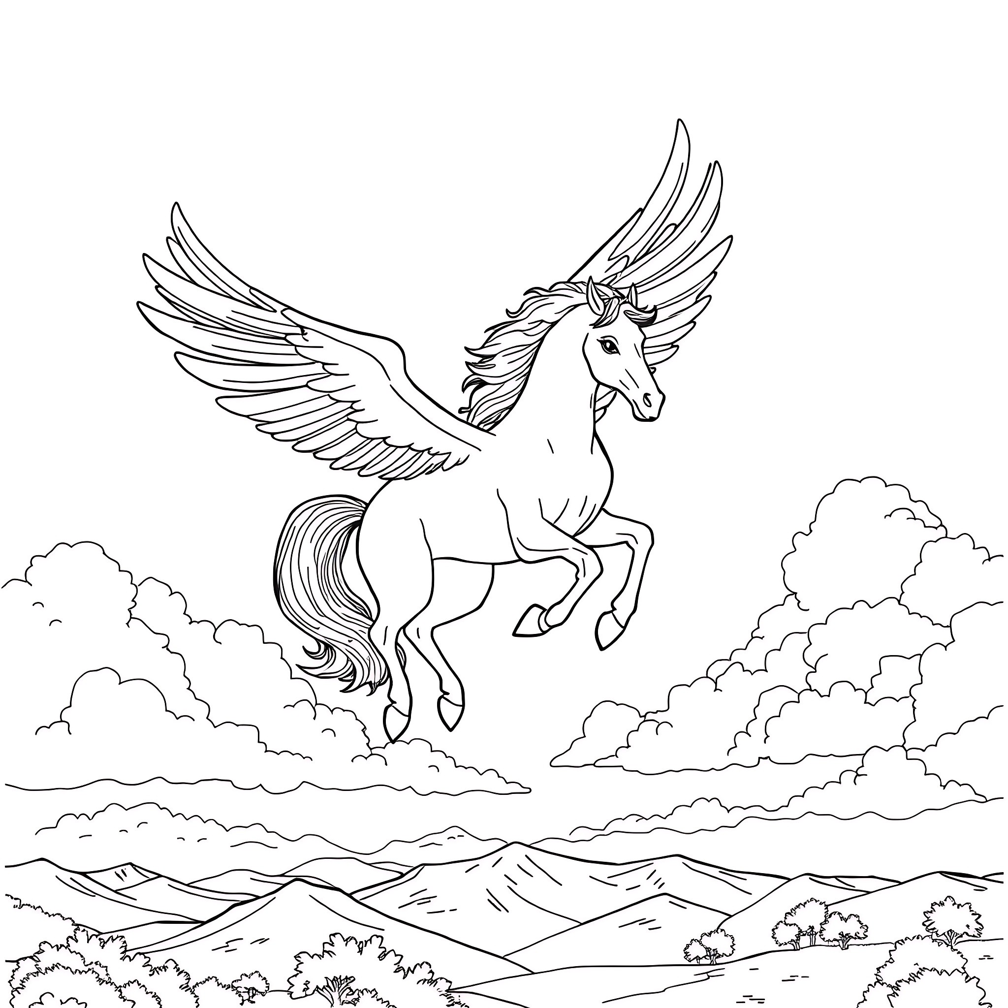 Pegasus soaring majestically through cloudy skies Coloring Page (free black-and-white line drawing printable PDF for all, from beginners to advanced learners, including children, teens, adults, and seniors)