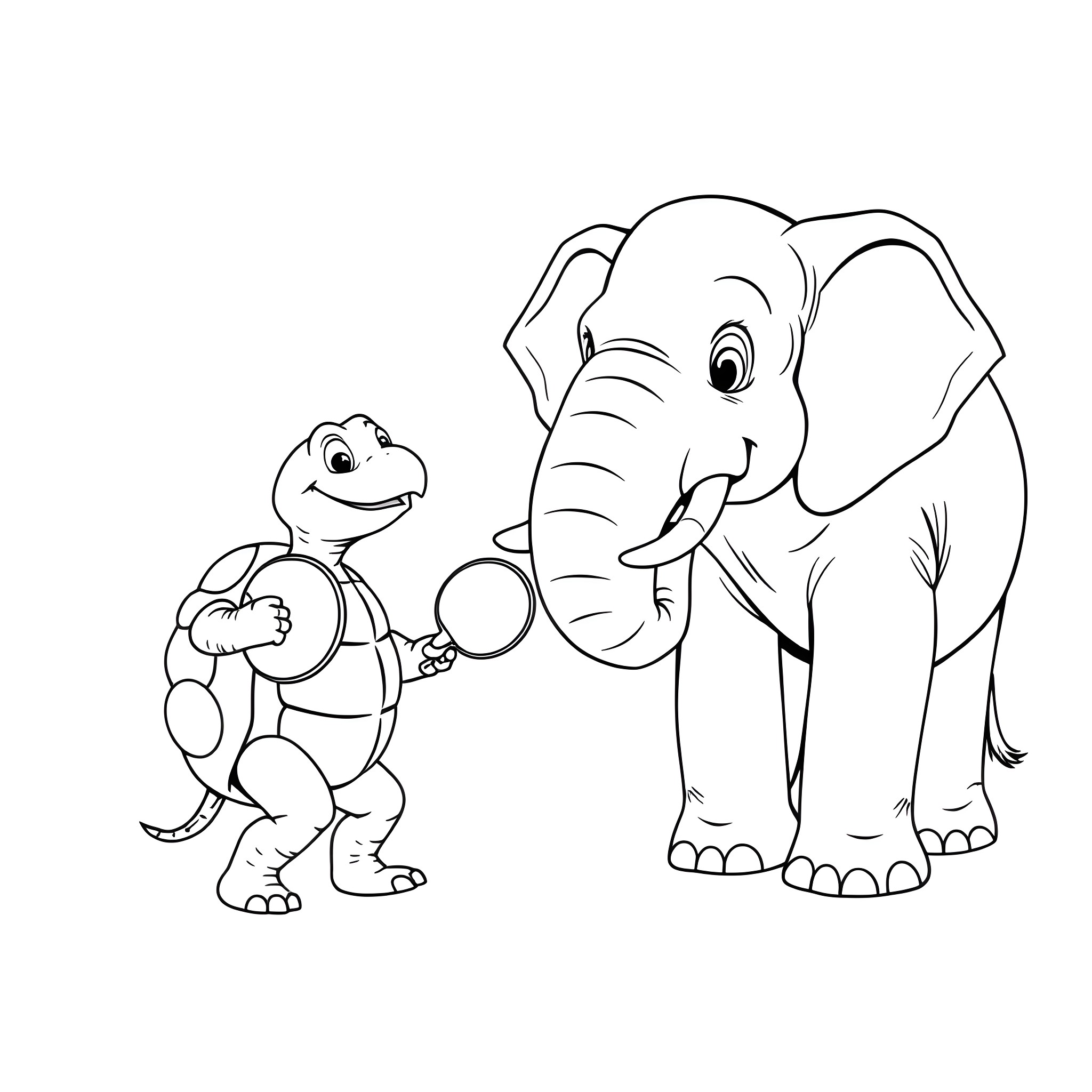 Turtle and elephant playing together happily Coloring Page (free black-and-white line drawing printable PDF for all, from beginners to advanced learners, including children, teens, adults, and seniors)