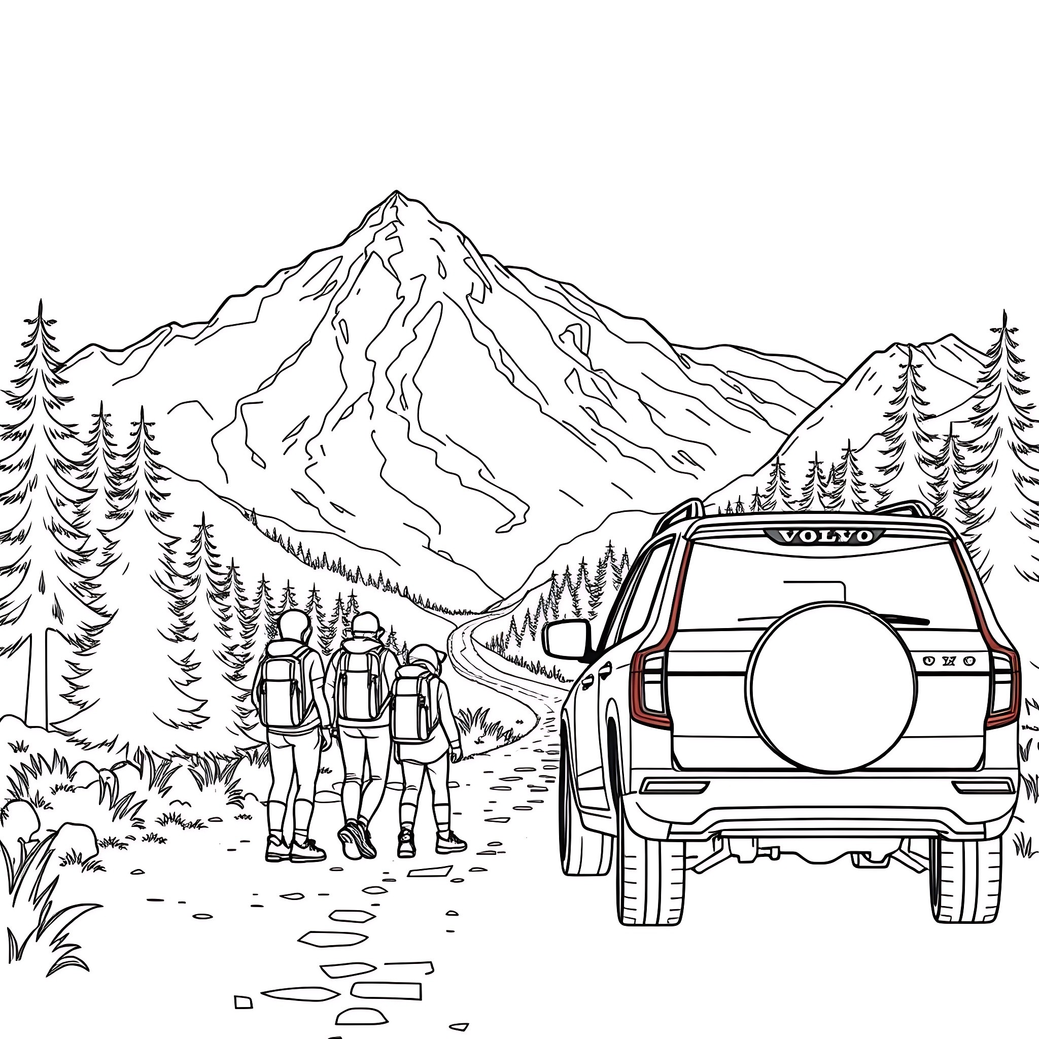 Volvo Car on an Outdoor Adventure Coloring Page (free black-and-white line drawing printable PDF for all, from beginners to advanced learners, including children, teens, adults, and seniors)