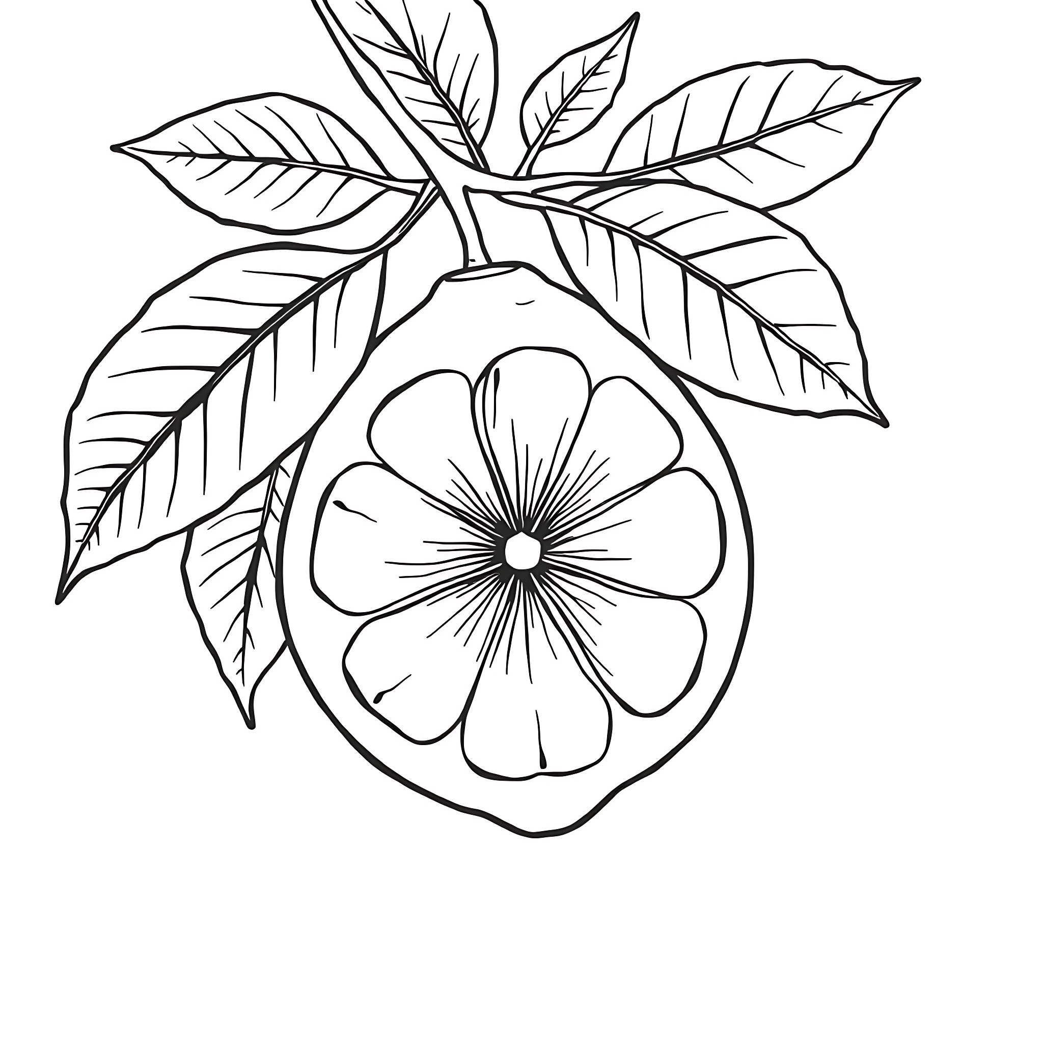 Lemon flower with botanical leaves Coloring Page (free black-and-white line drawing printable PDF for all, from beginners to advanced learners, including children, teens, adults, and seniors)