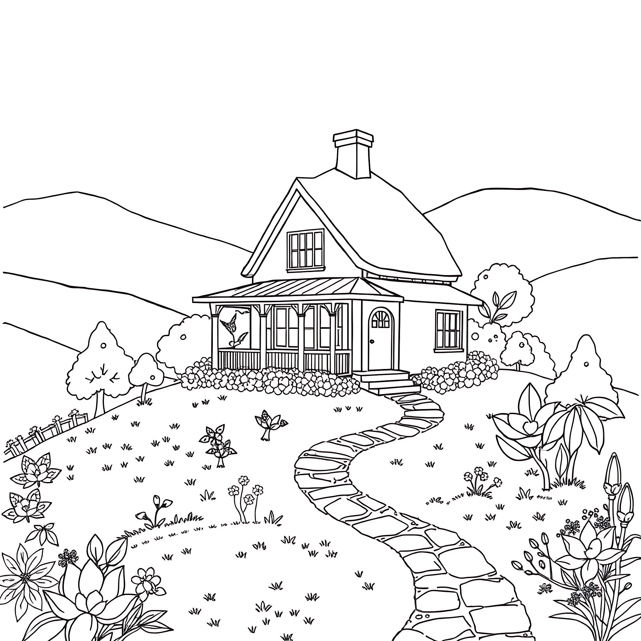 Lemon cottage in the countryside Coloring Page (free black-and-white line drawing printable PDF for all, from beginners to advanced learners, including children, teens, adults, and seniors)