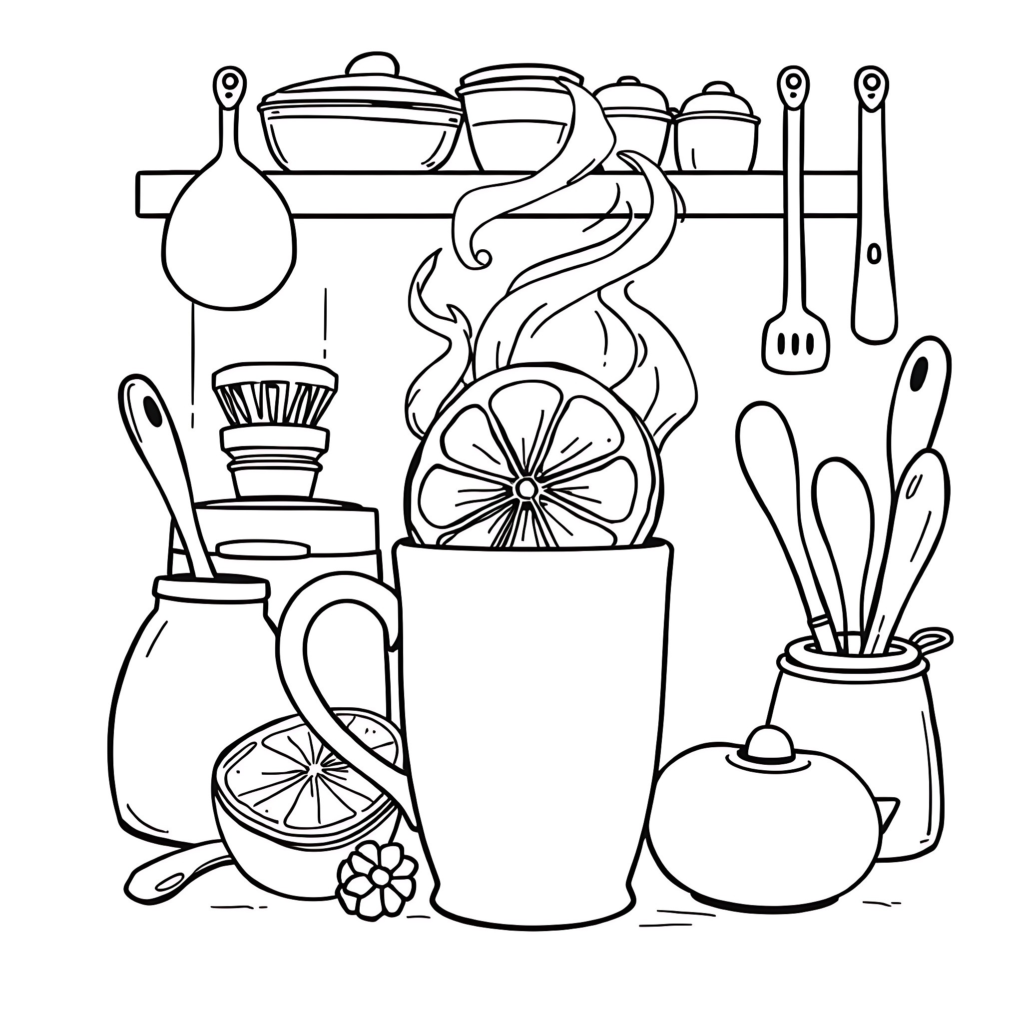 Lemon-themed kitchen utensils and cooking accessories Coloring Page (free black-and-white line drawing printable PDF for all, from beginners to advanced learners, including children, teens, adults, and seniors)
