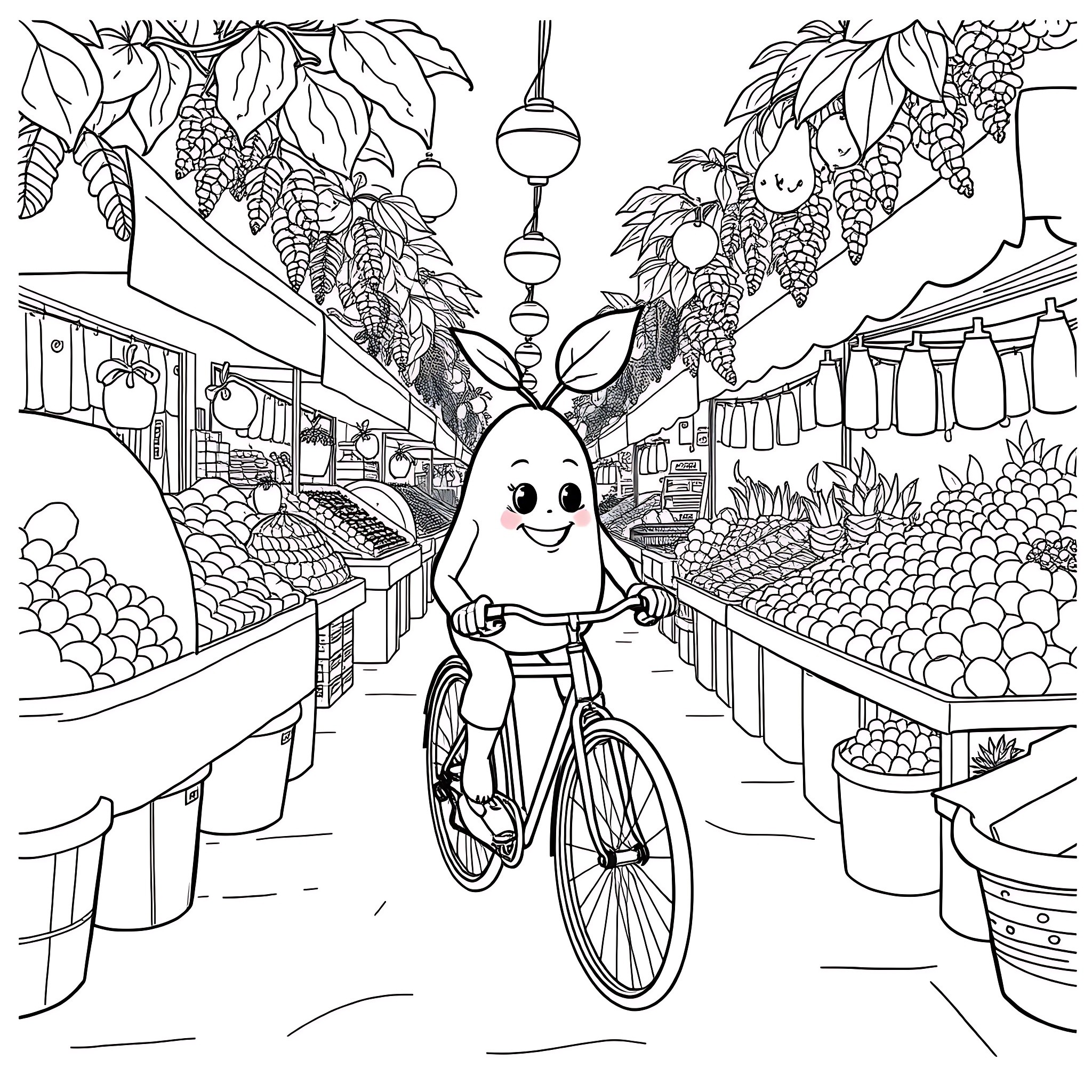 Lemon character riding bicycle through fruit market Coloring Page (free black-and-white line drawing printable PDF for all, from beginners to advanced learners, including children, teens, adults, and seniors)