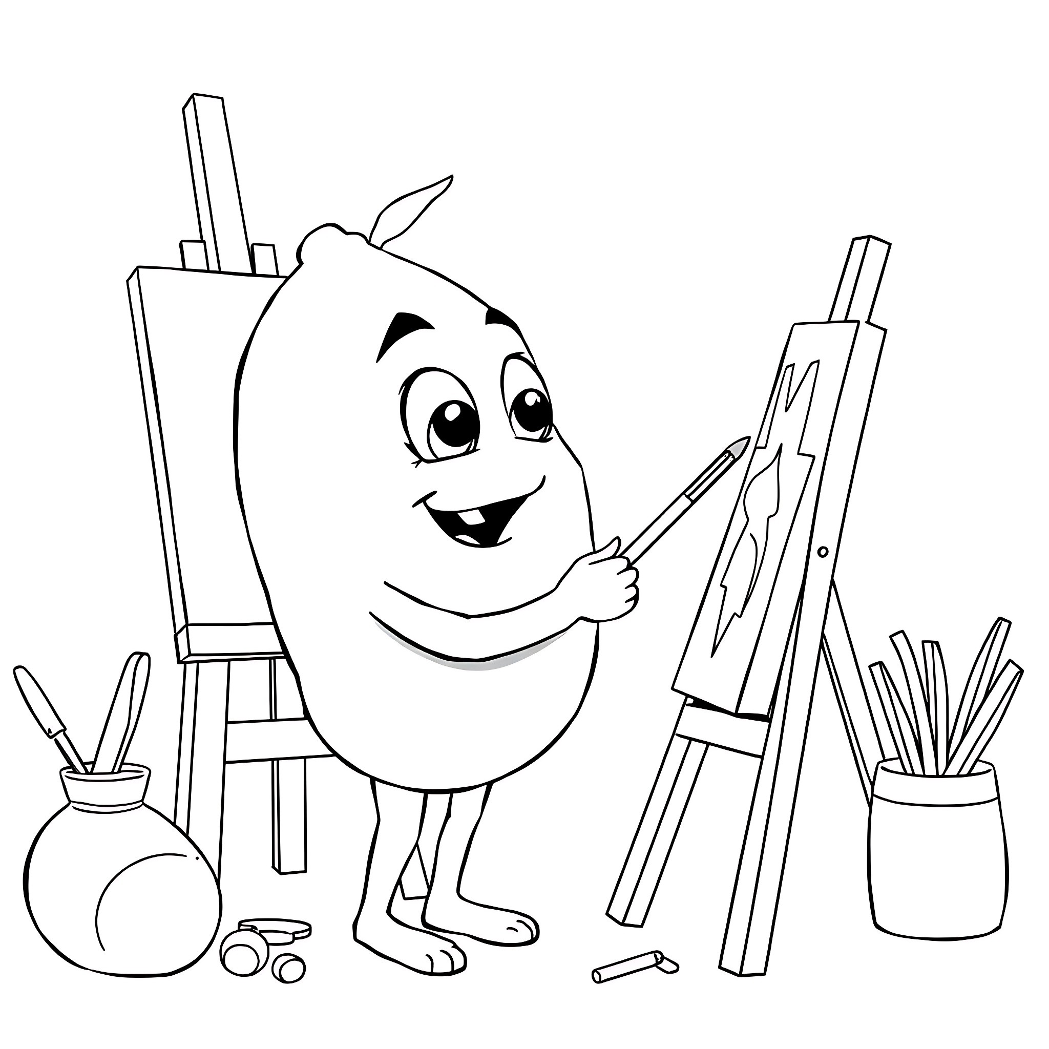 Lemon painting on the easel in the art studio Coloring Page (free black-and-white line drawing printable PDF for all, from beginners to advanced learners, including children, teens, adults, and seniors)