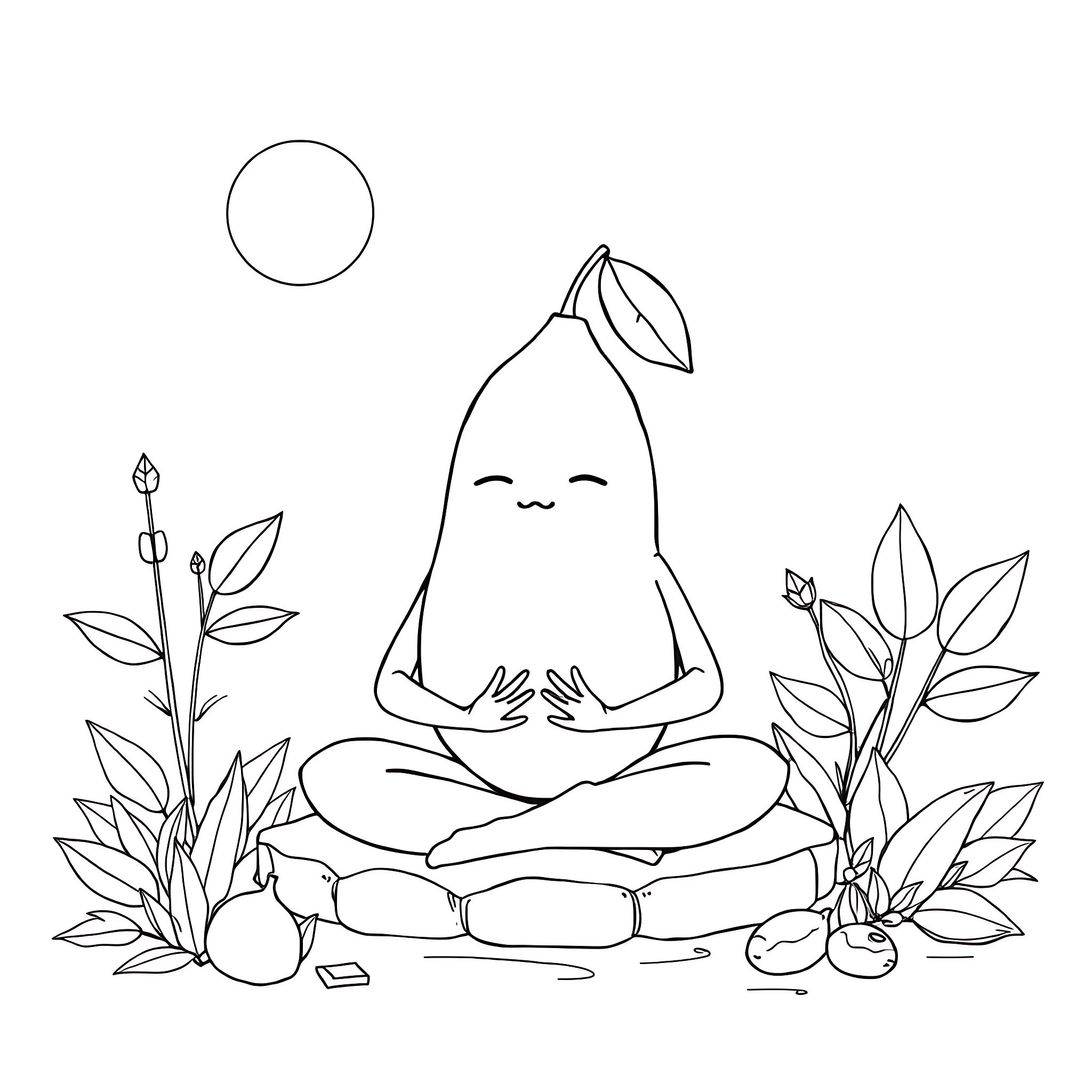 Lemon meditating in nature Coloring Page (free black-and-white line drawing printable PDF for all, from beginners to advanced learners, including children, teens, adults, and seniors)