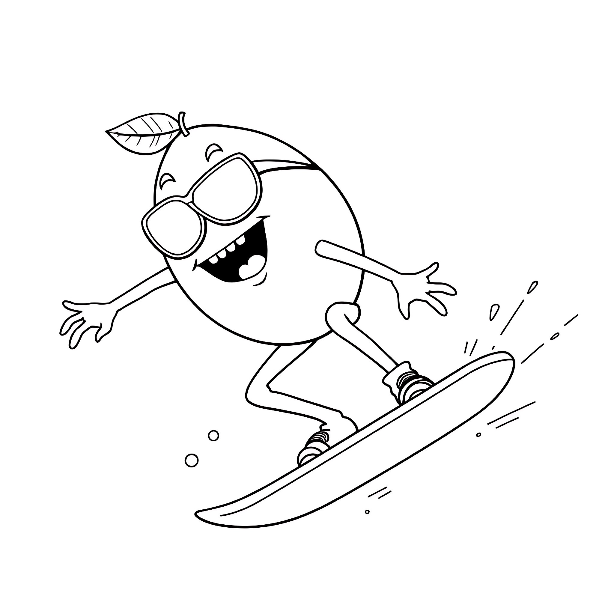 Lemon surfing happily on the waves Coloring Page (free black-and-white line drawing printable PDF for all, from beginners to advanced learners, including children, teens, adults, and seniors)