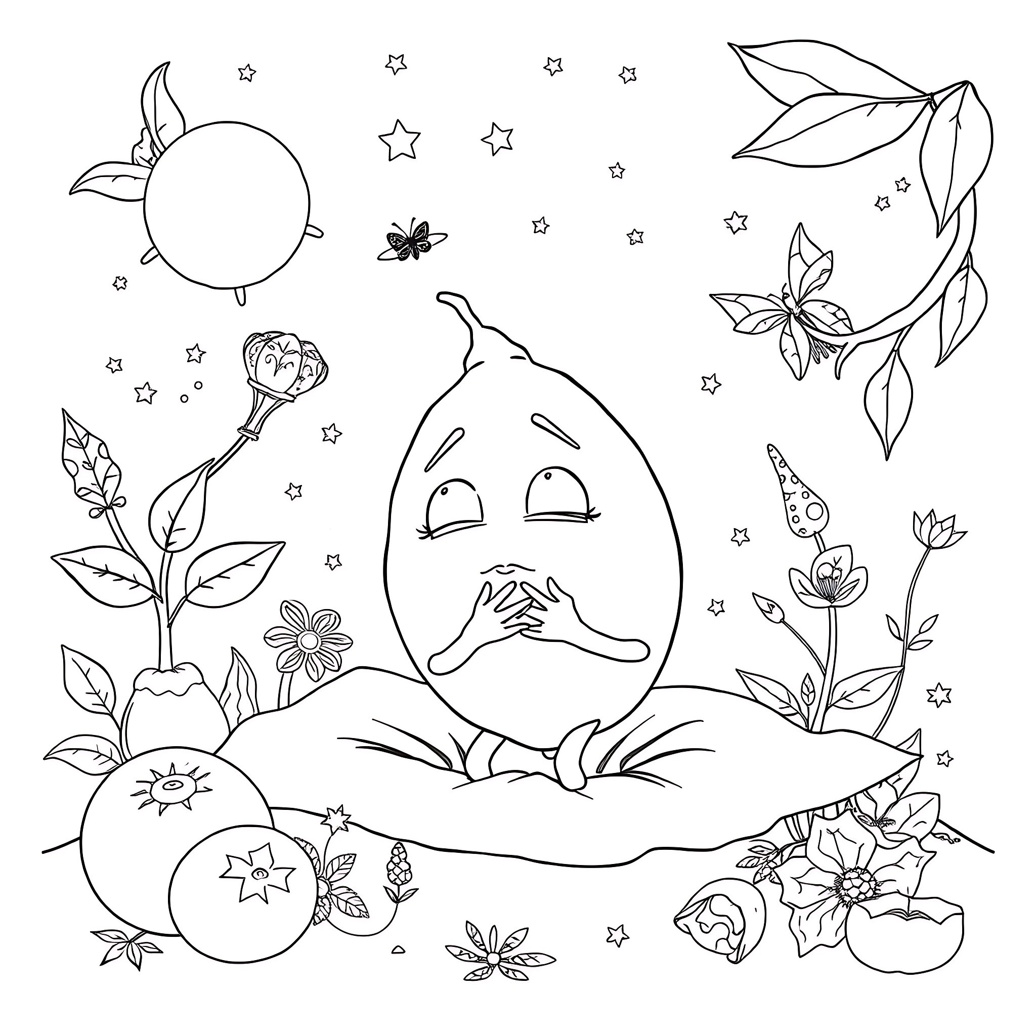 Lemon character expressing emotions in a whimsical scene Coloring Page (free black-and-white line drawing printable PDF for all, from beginners to advanced learners, including children, teens, adults, and seniors)