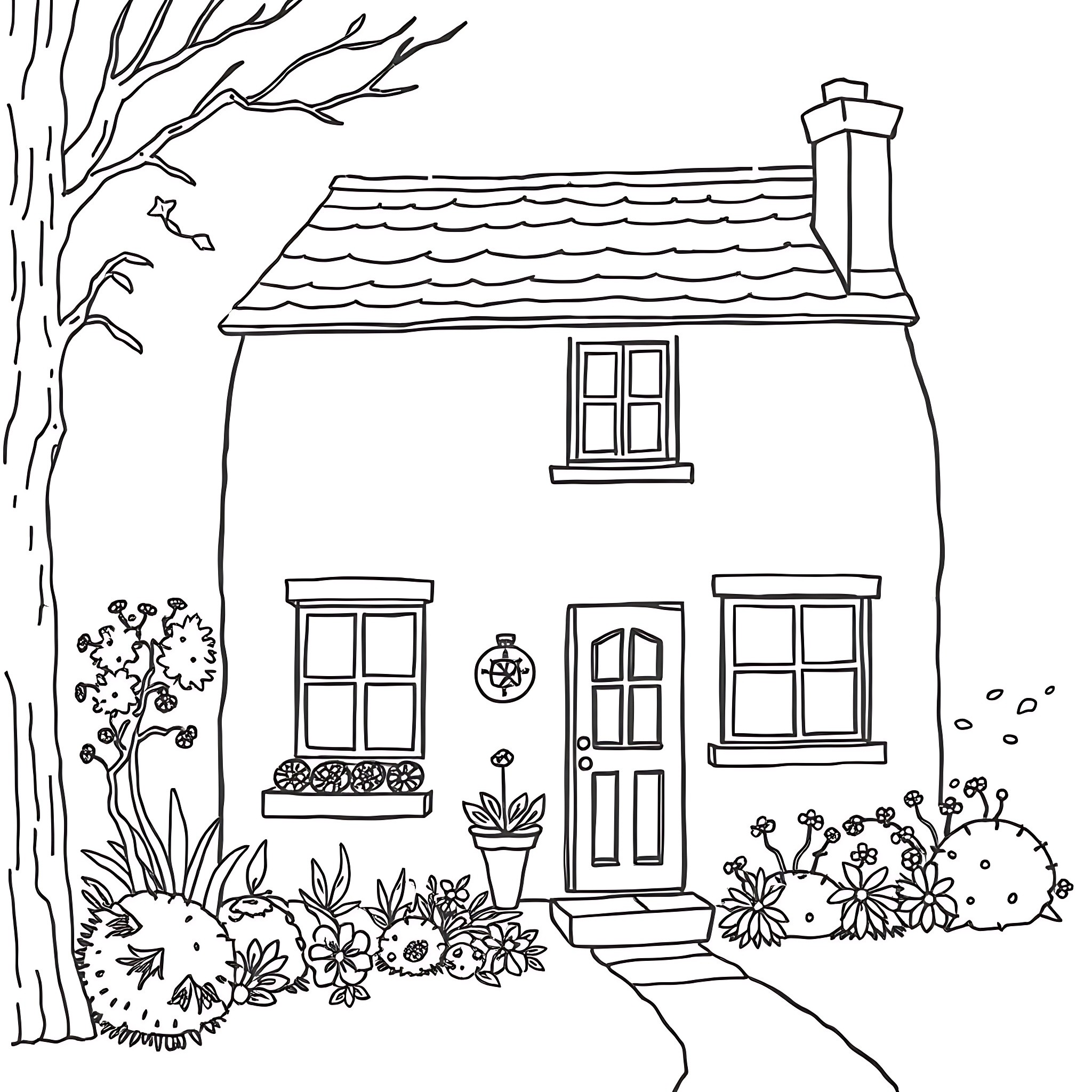 Cottage with Flower Garden and Tree Coloring Page (free black-and-white line drawing printable PDF for all, from beginners to advanced learners, including children, teens, adults, and seniors)