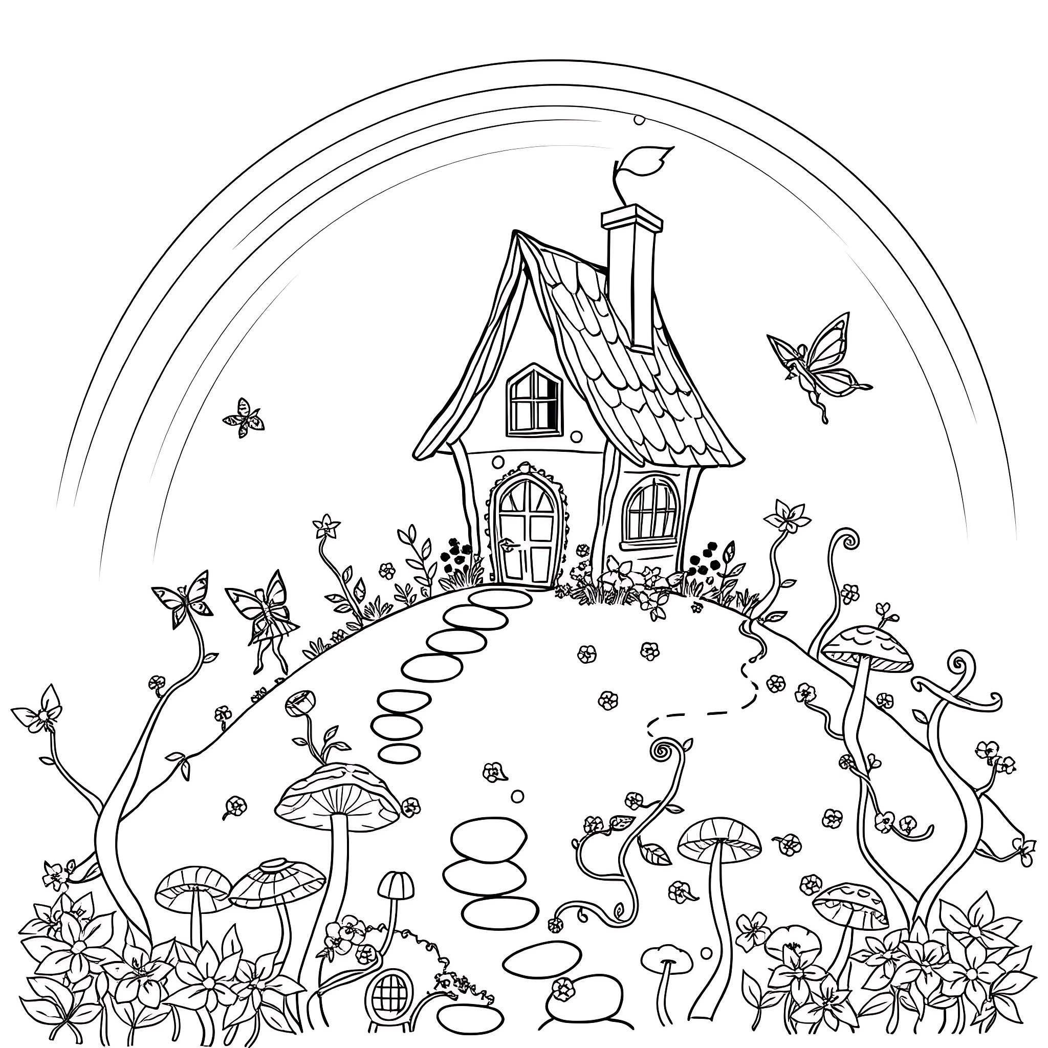 Cottage in a Whimsical Fairy Garden Coloring Page (free black-and-white line drawing printable PDF for all, from beginners to advanced learners, including children, teens, adults, and seniors)