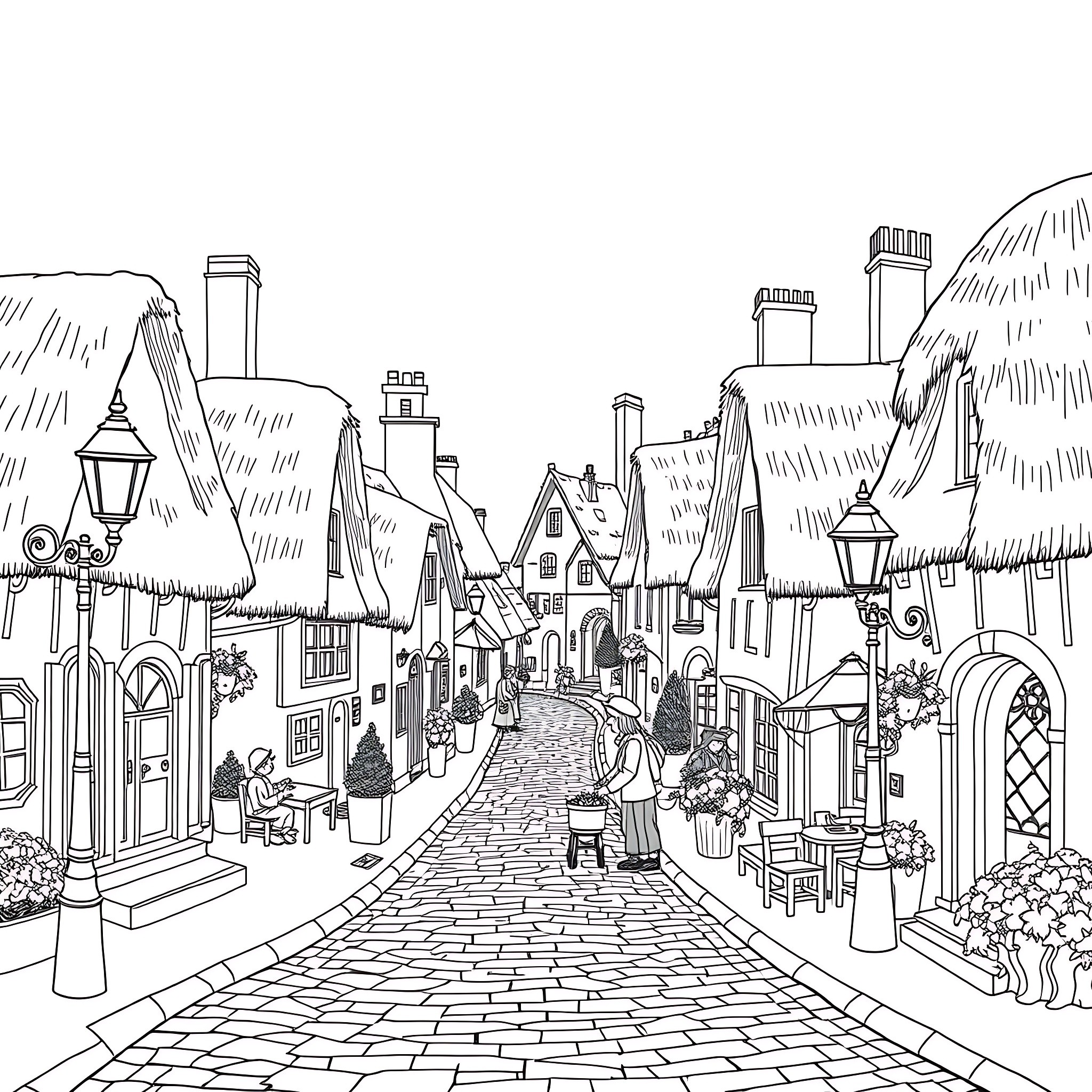 Cottage Scenes in a Quaint Village Coloring Page (free black-and-white line drawing printable PDF for all, from beginners to advanced learners, including children, teens, adults, and seniors)