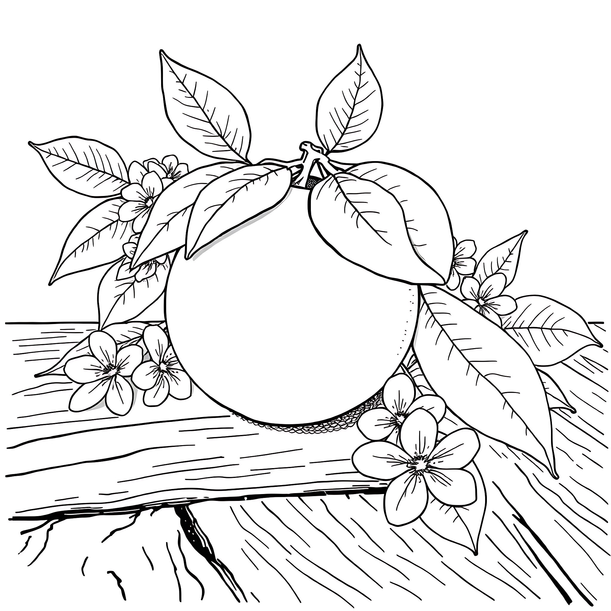 Lemon surrounded by blooming flowers and leaves Coloring Page (free black-and-white line drawing printable PDF for all, from beginners to advanced learners, including children, teens, adults, and seniors)