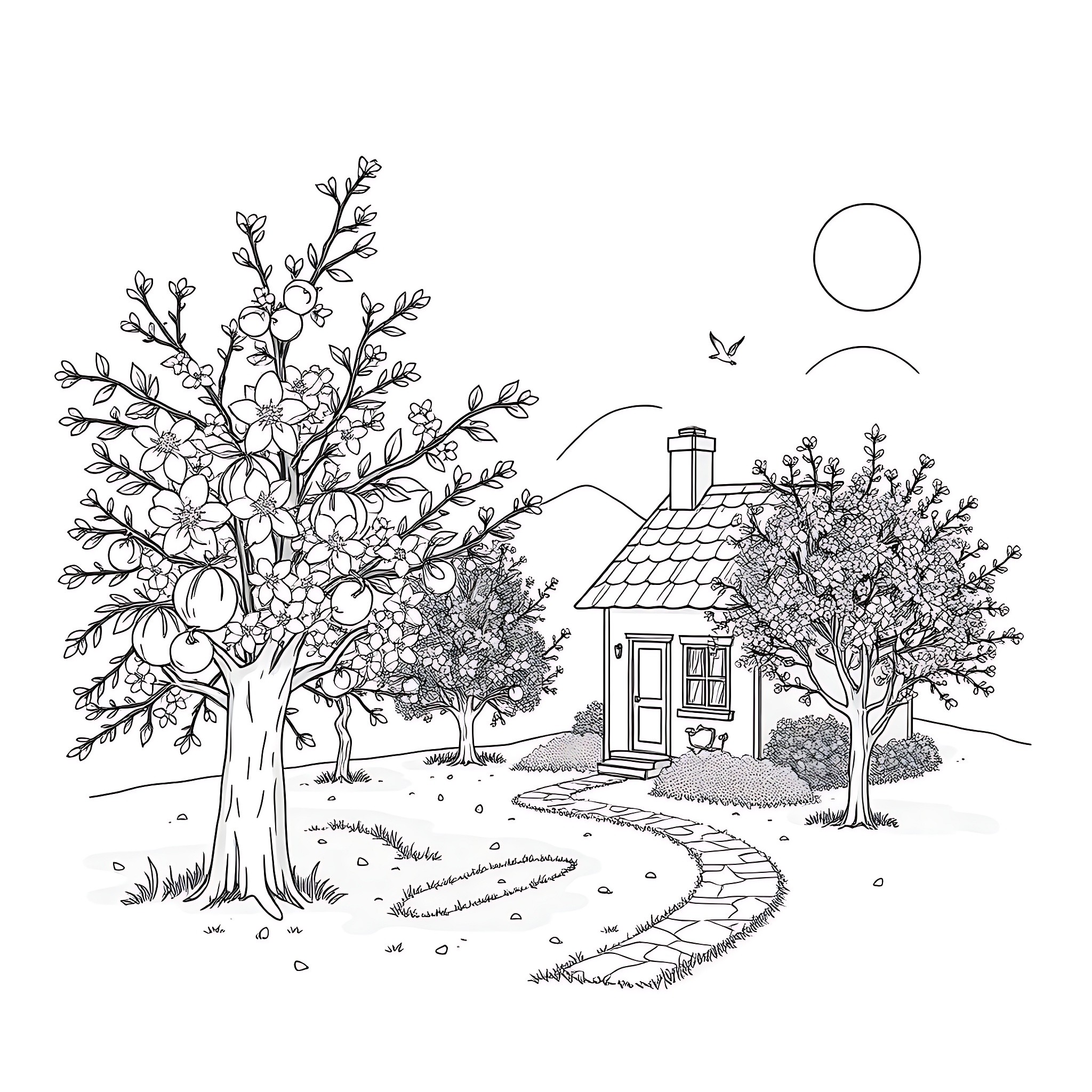 Cottage in a Tranquil Woodland Landscape Coloring Page (free black-and-white line drawing printable PDF for all, from beginners to advanced learners, including children, teens, adults, and seniors)