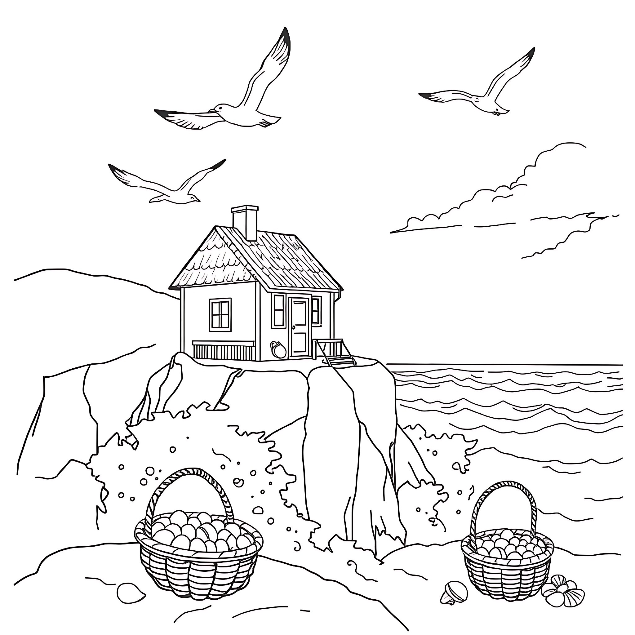 Cottage by the Seaside with Baskets of Seagulls Coloring Page (free black-and-white line drawing printable PDF for all, from beginners to advanced learners, including children, teens, adults, and seniors)