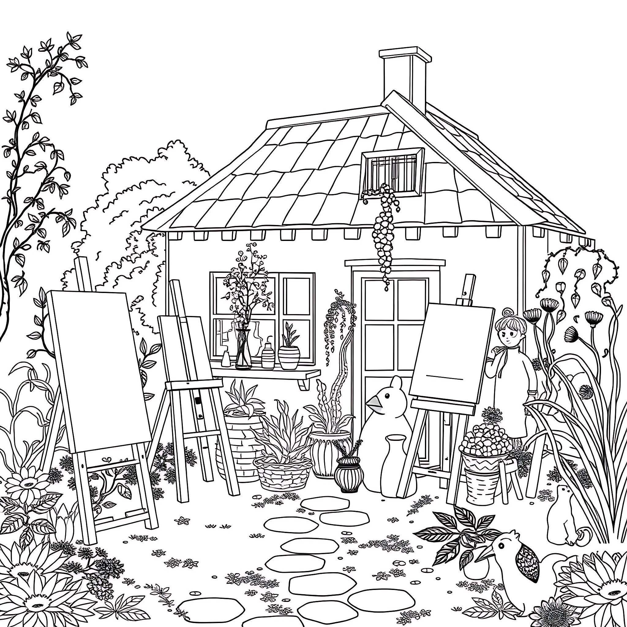 Cottage with an artist's studio and garden Coloring Page (free black-and-white line drawing printable PDF for all, from beginners to advanced learners, including children, teens, adults, and seniors)