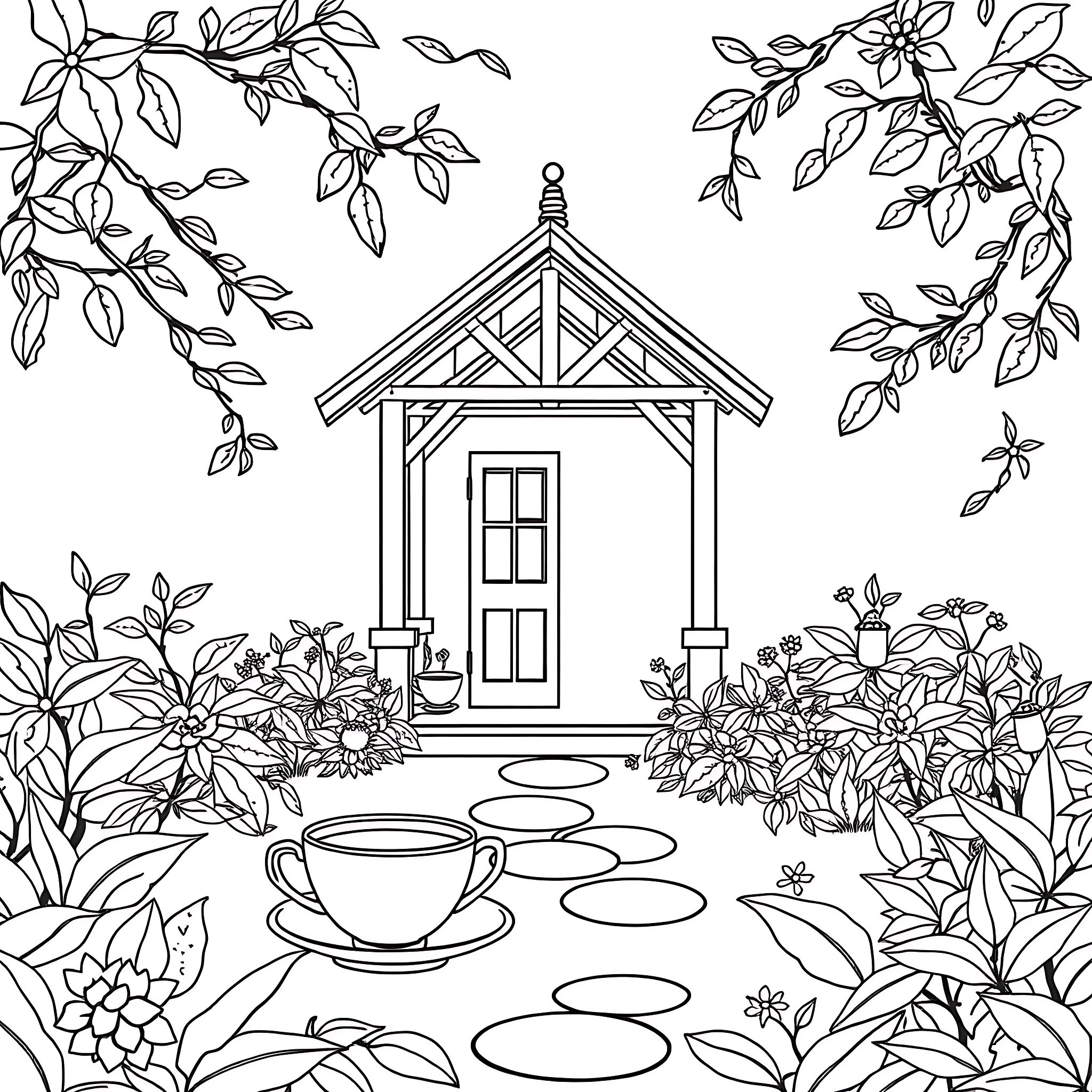 Cottage surrounded by lush garden and floral arrangements Coloring Page (free black-and-white line drawing printable PDF for all, from beginners to advanced learners, including children, teens, adults, and seniors)